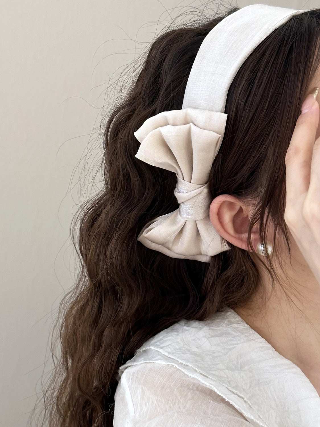 Bow Polyester Wide Headband in cream with oversized bow detail.