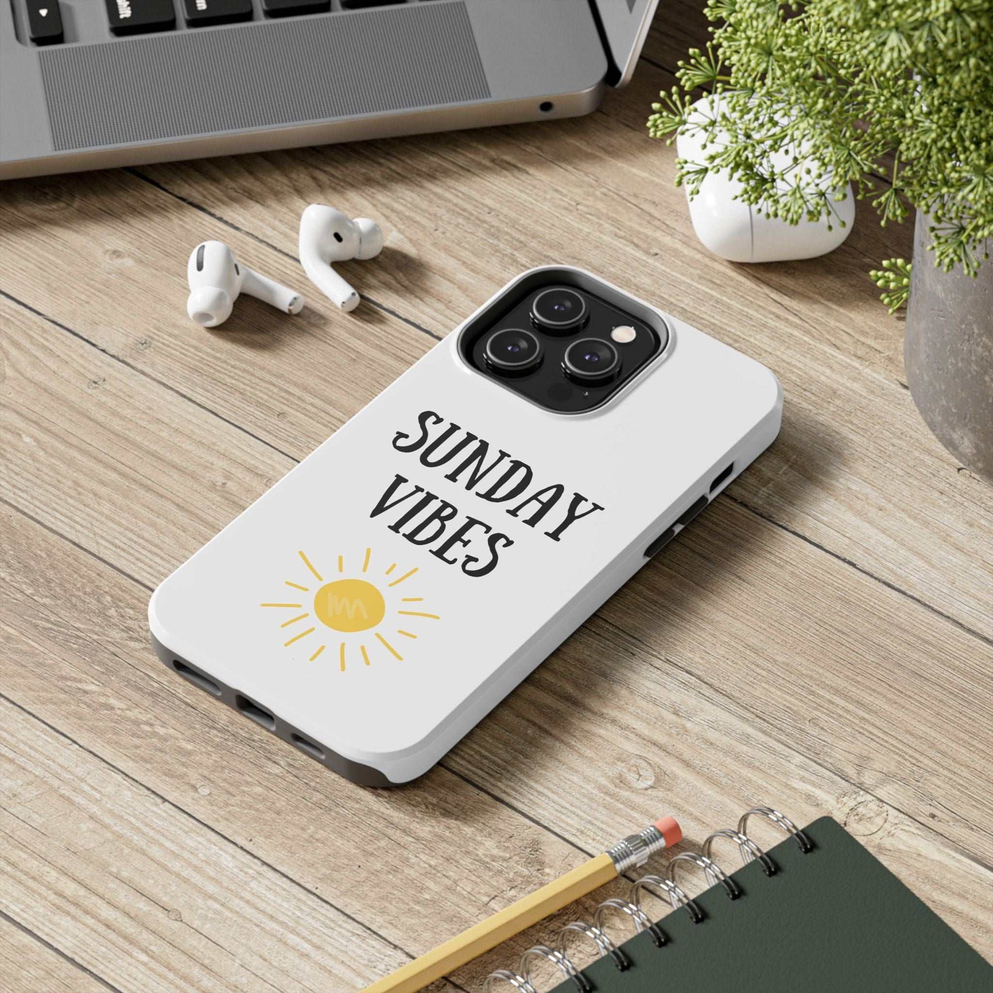 Phone case with 'Sunday Vibes' sun graphic design, durable Lexan plastic, glossy finish, UV protection.