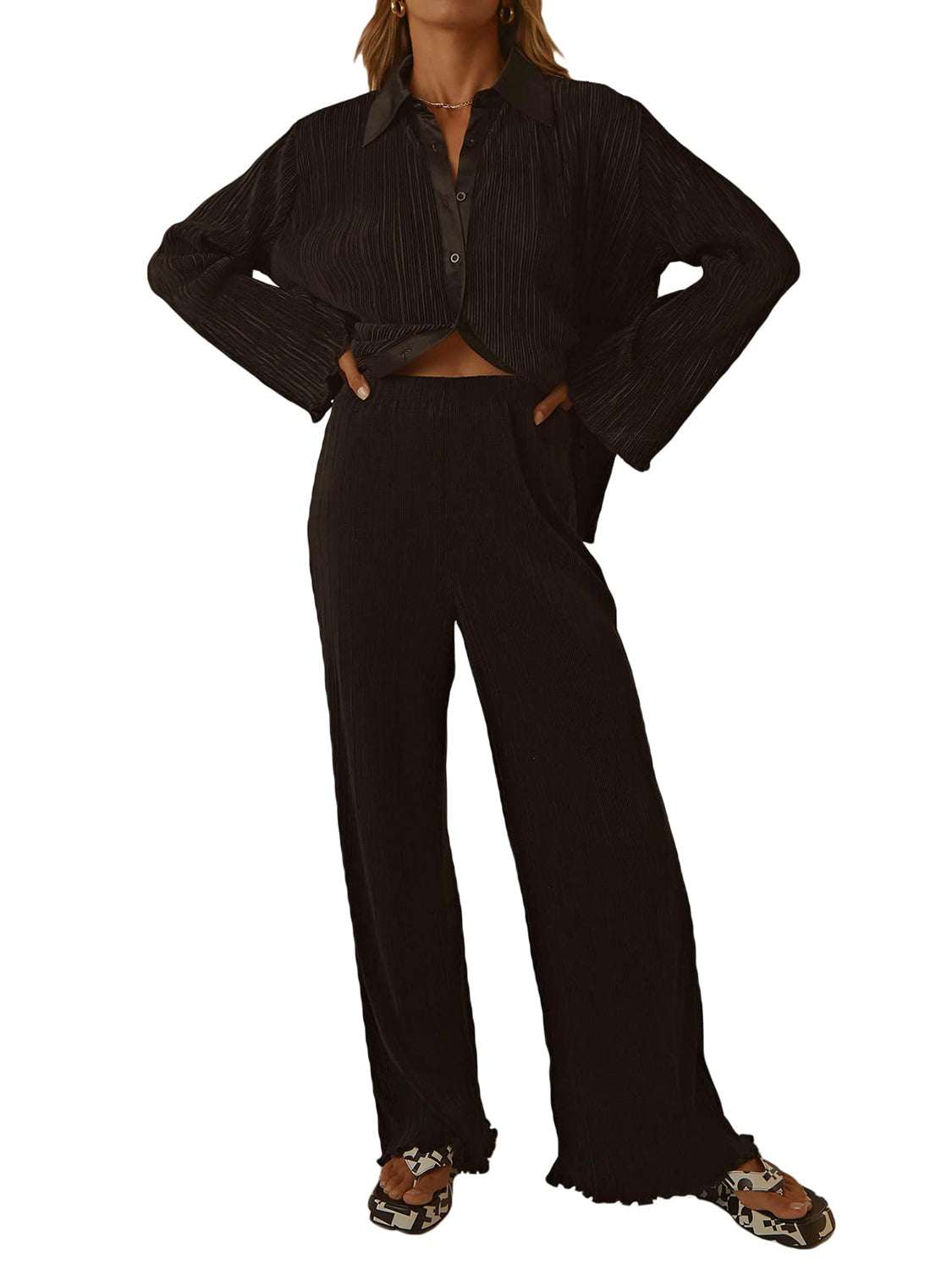 Black collared neck long sleeve top and pants lounge set.