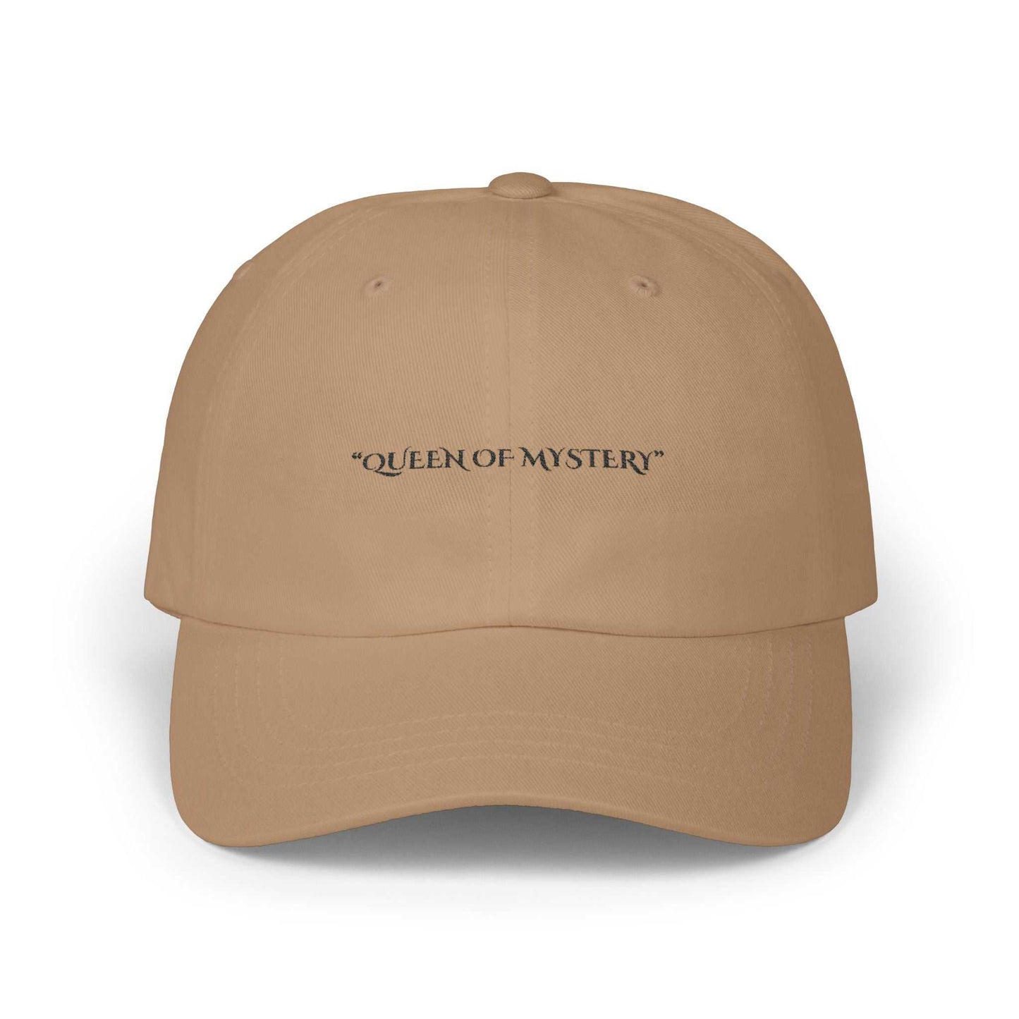 Classic Dad Cap with "Queen of Mystery" text, beige color, adjustable snap closure, empowering design.