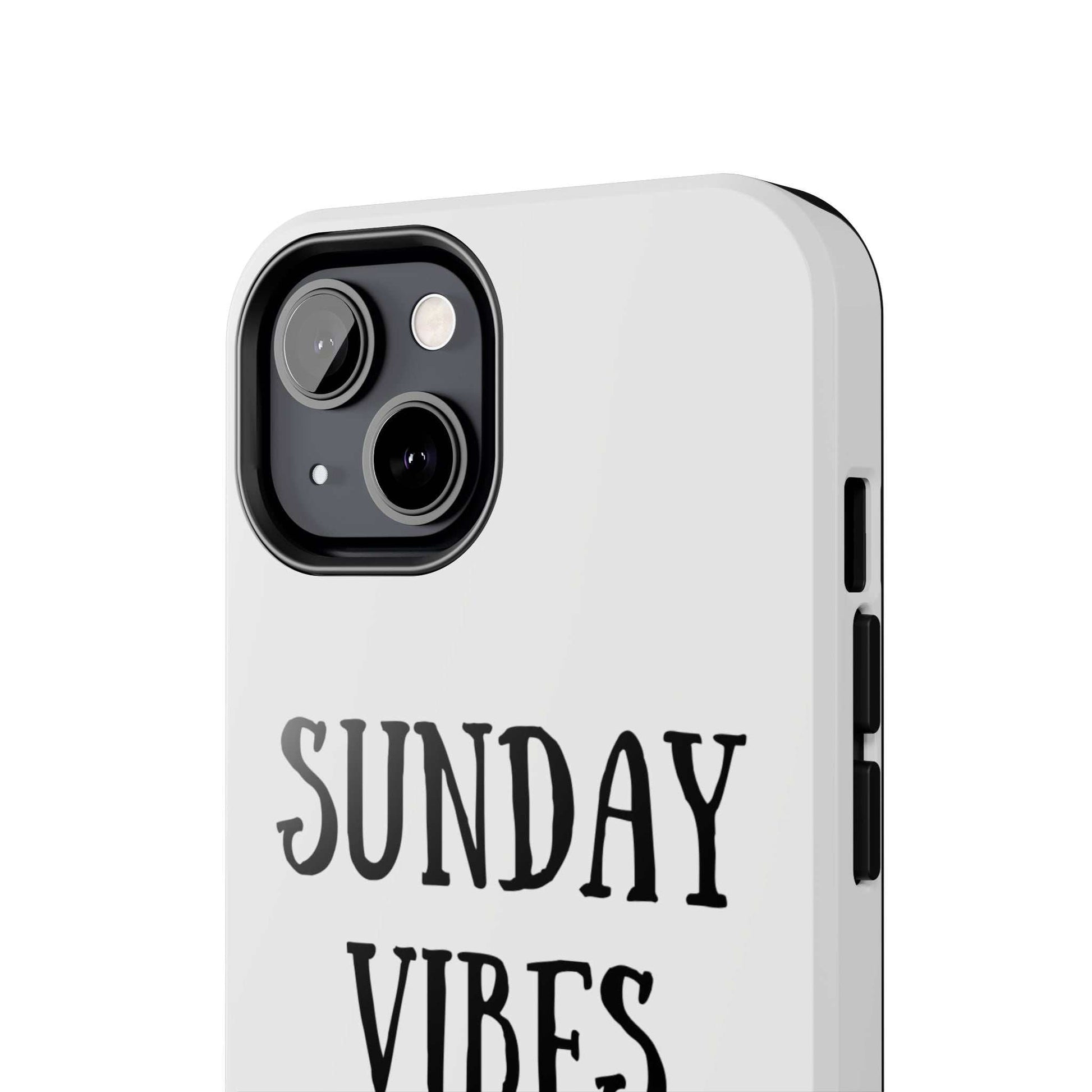 Phone case with 'Sunday Vibes' sun graphic design, durable Lexan plastic, shock-absorbing liner, and glossy finish.