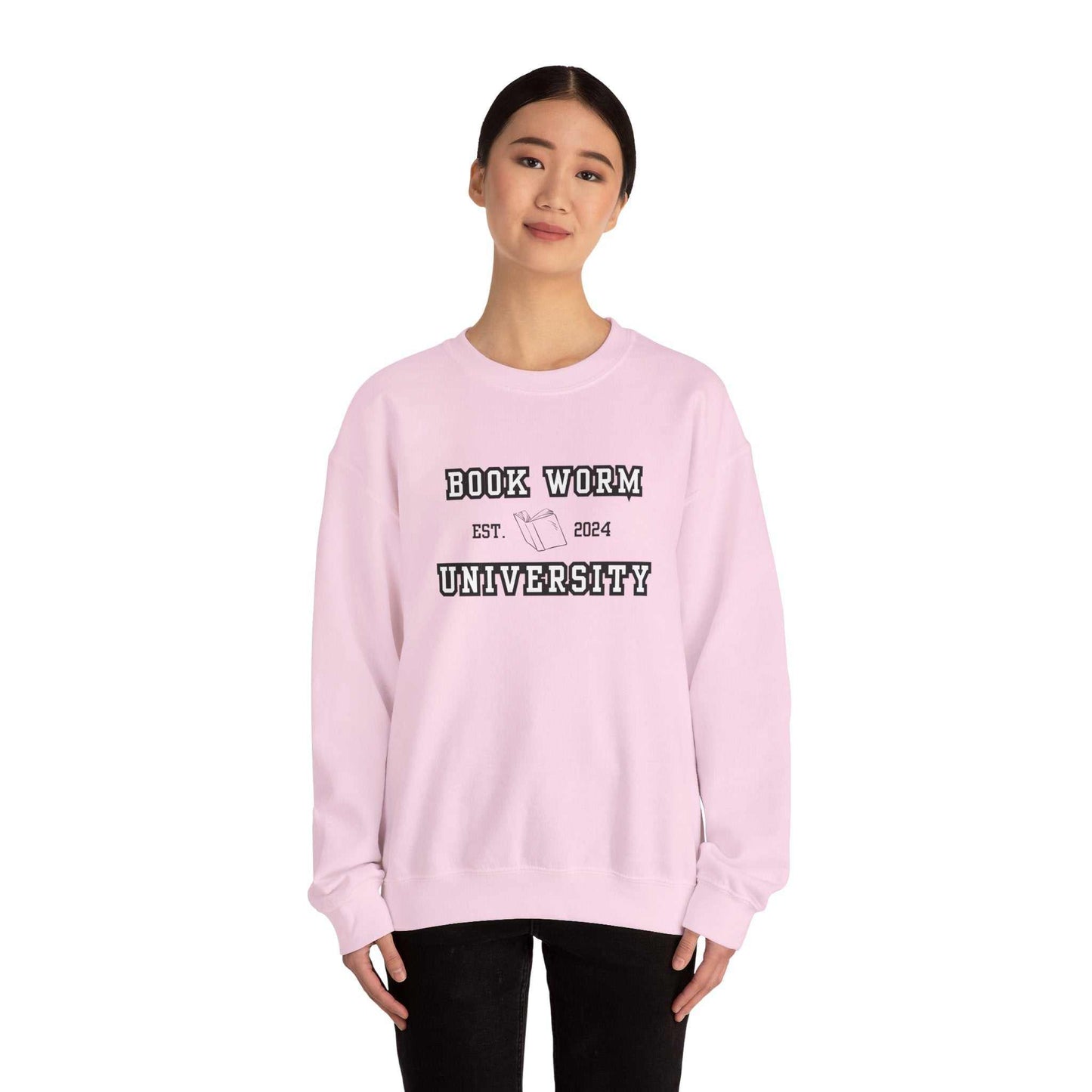 Bookworm University Crewneck Sweatshirt with Est 2024 design and book graphic.