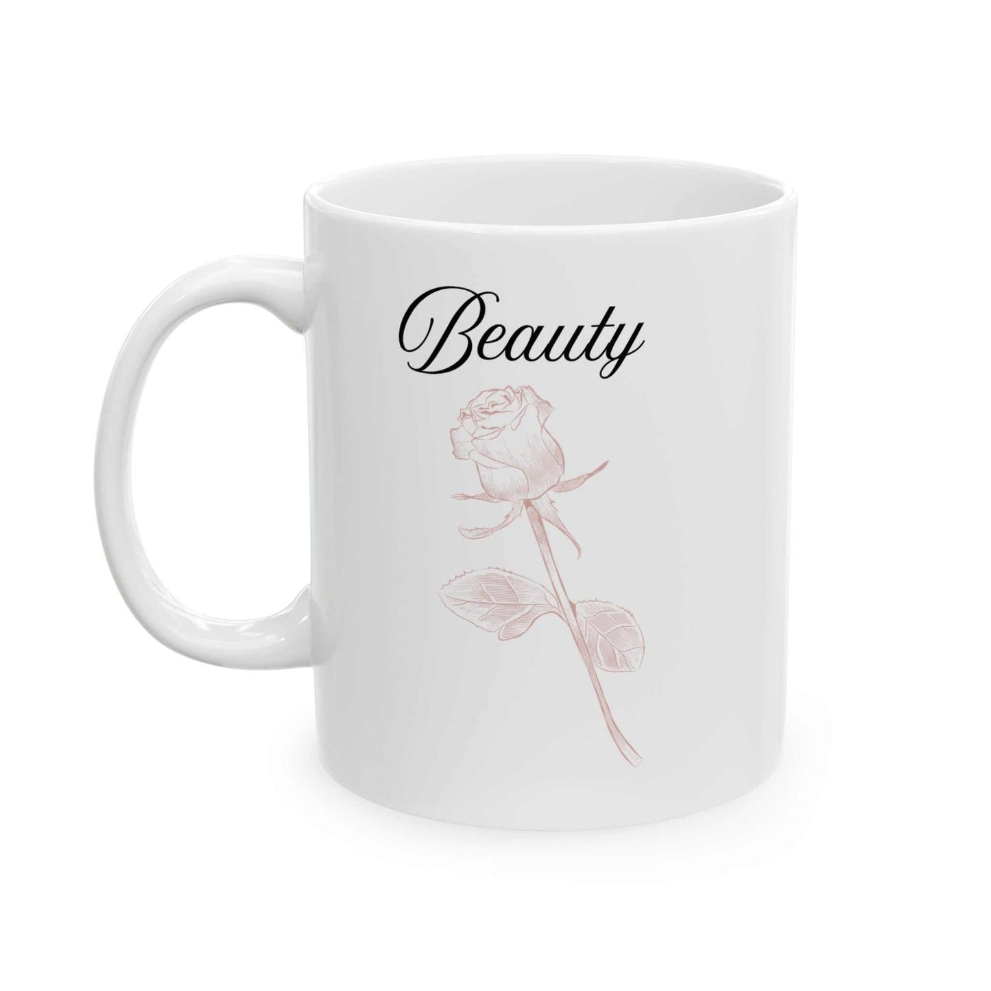 Ceramic mug with "Beauty" text and dusty rose design.