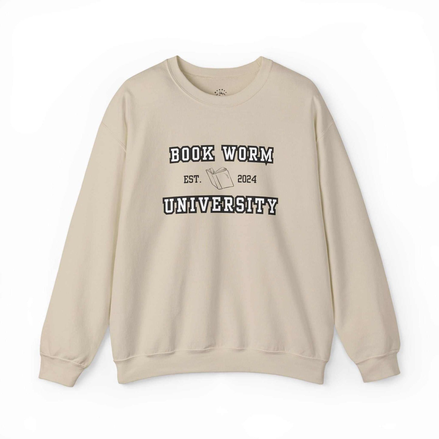 Bookworm University Crewneck Sweatshirt - Est 2024 Design with book graphic, beige color.