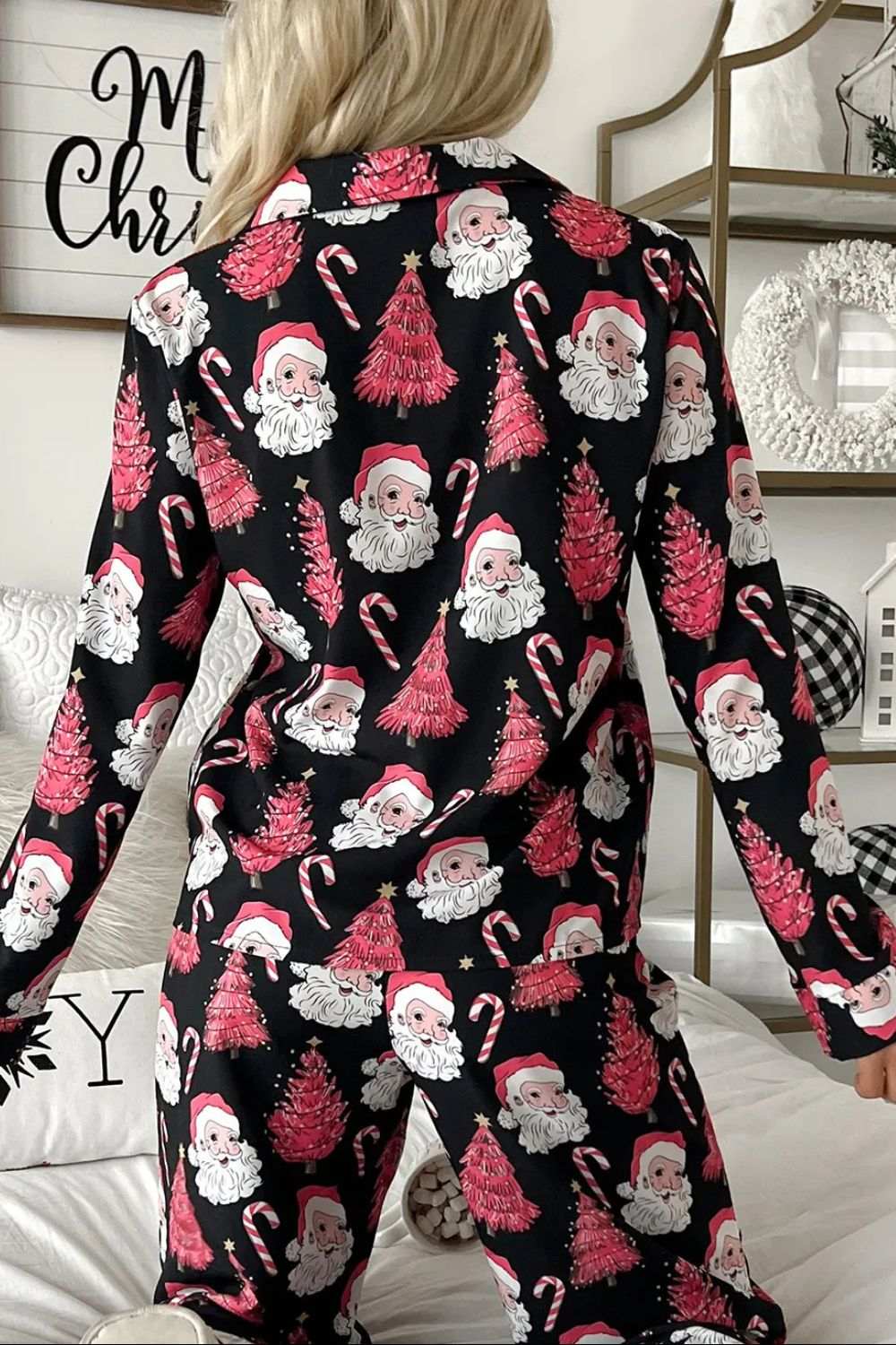 Christmas printed collared neck top and pants lounge set with Santa and candy cane design.