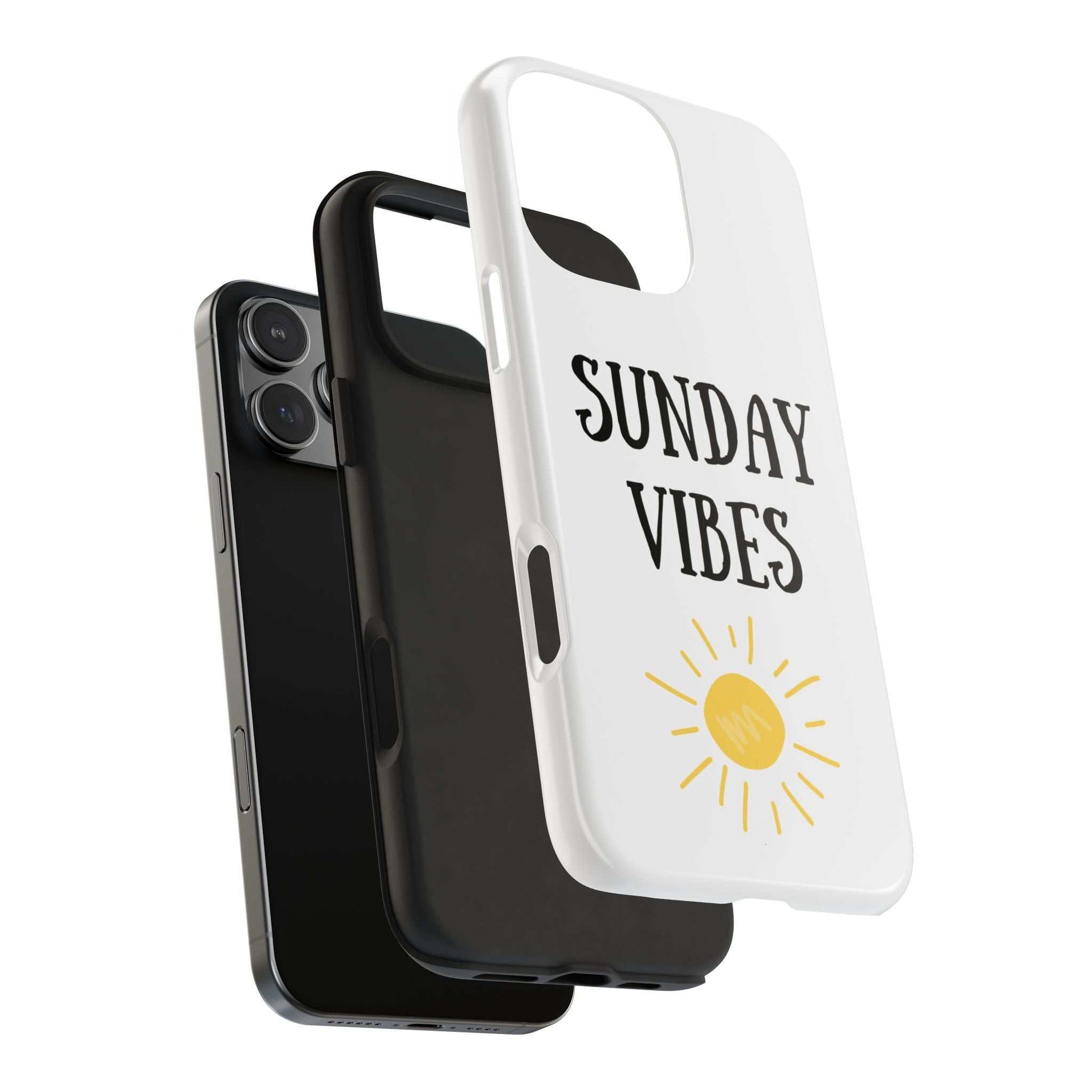 Sunday Vibes phone case with sun graphic design, durable Lexan plastic, glossy finish.