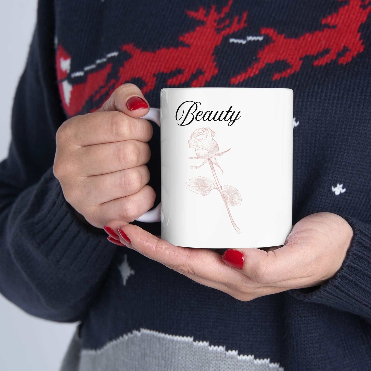 Ceramic mug with Beauty and dusty rose design, 11oz or 15oz size.