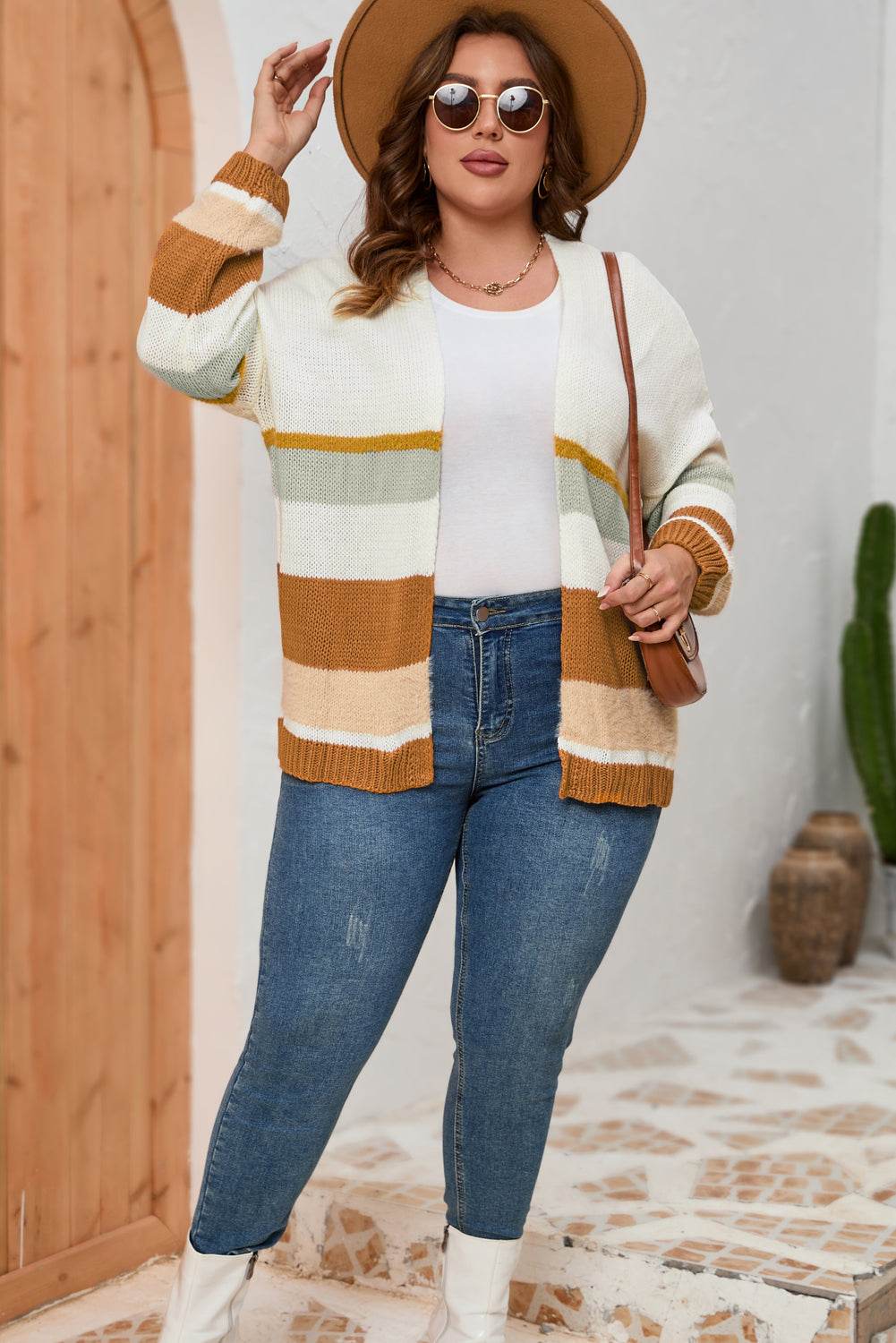 Plus Size Color Block Long Sleeve Cardigan Cream