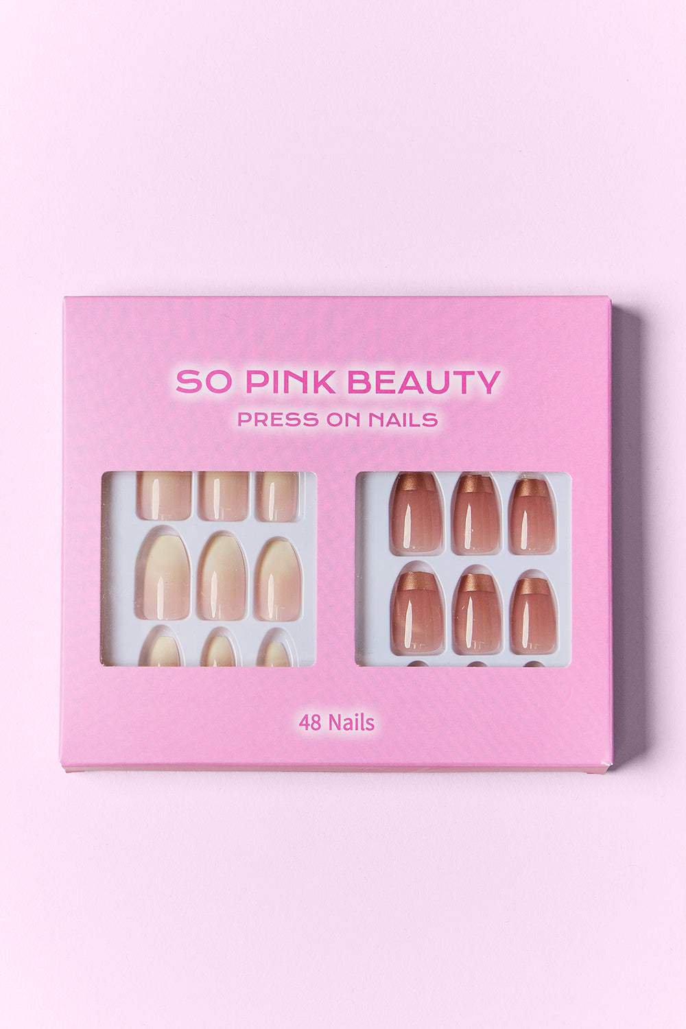 SO PINK BEAUTY Press On Nails 2 Packs with two design options, 48-piece set, and easy application glue included.