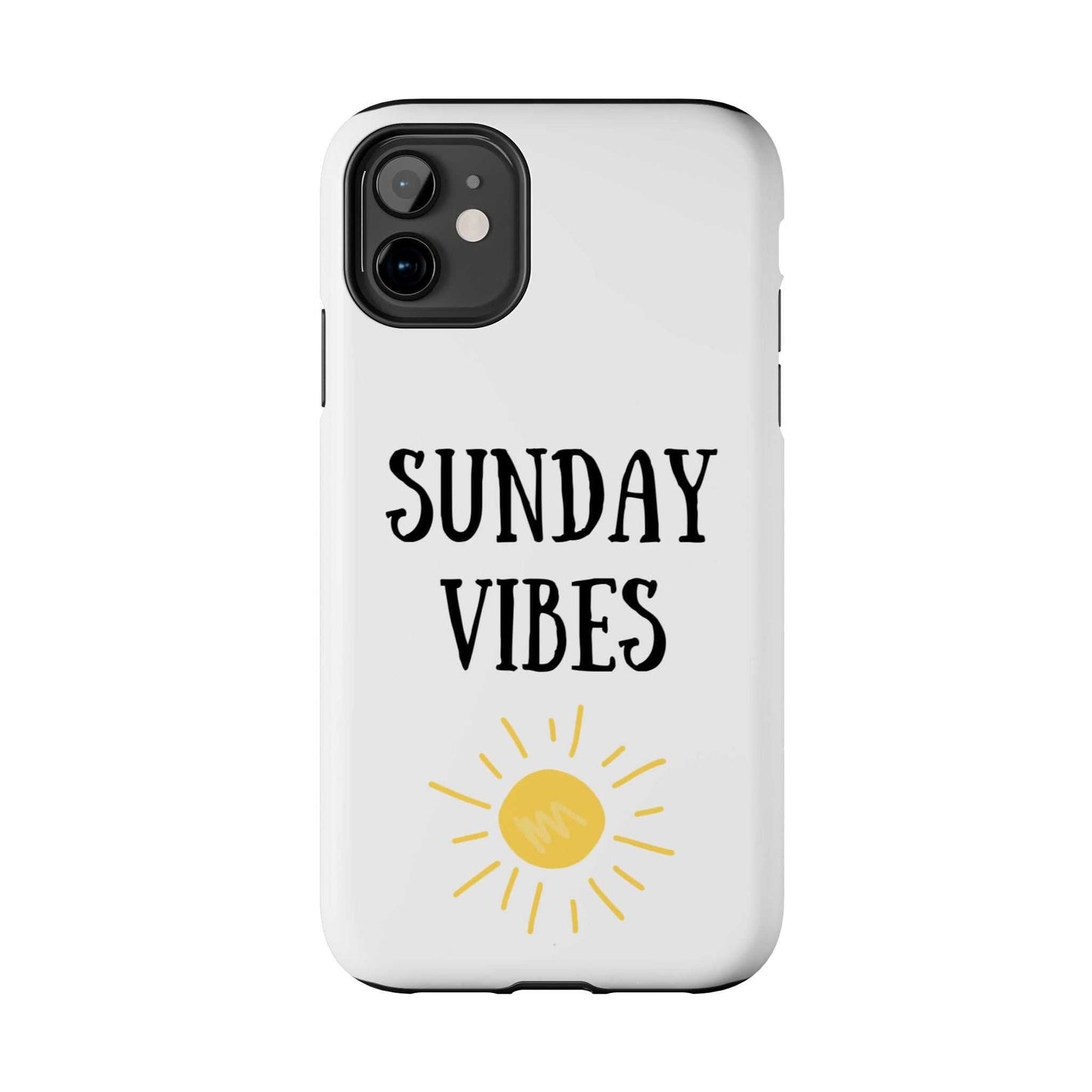 Phone case with 'Sunday Vibes' text and sun graphic design, durable Lexan plastic.