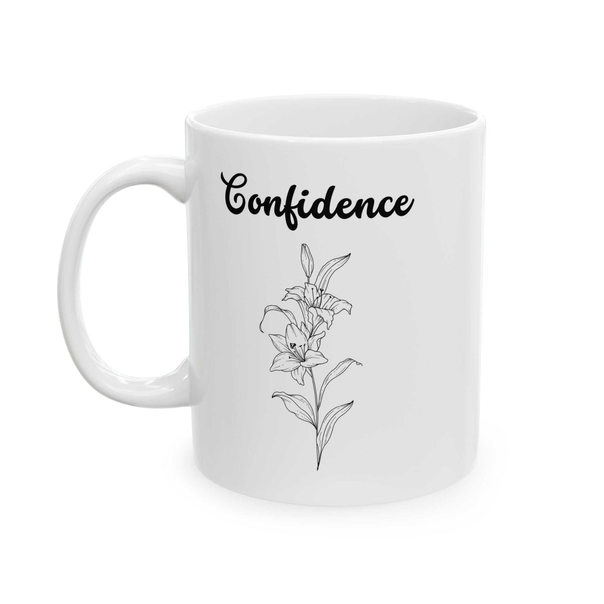 Ceramic mug with confidence lily design, glossy finish, suitable for microwave and dishwasher.