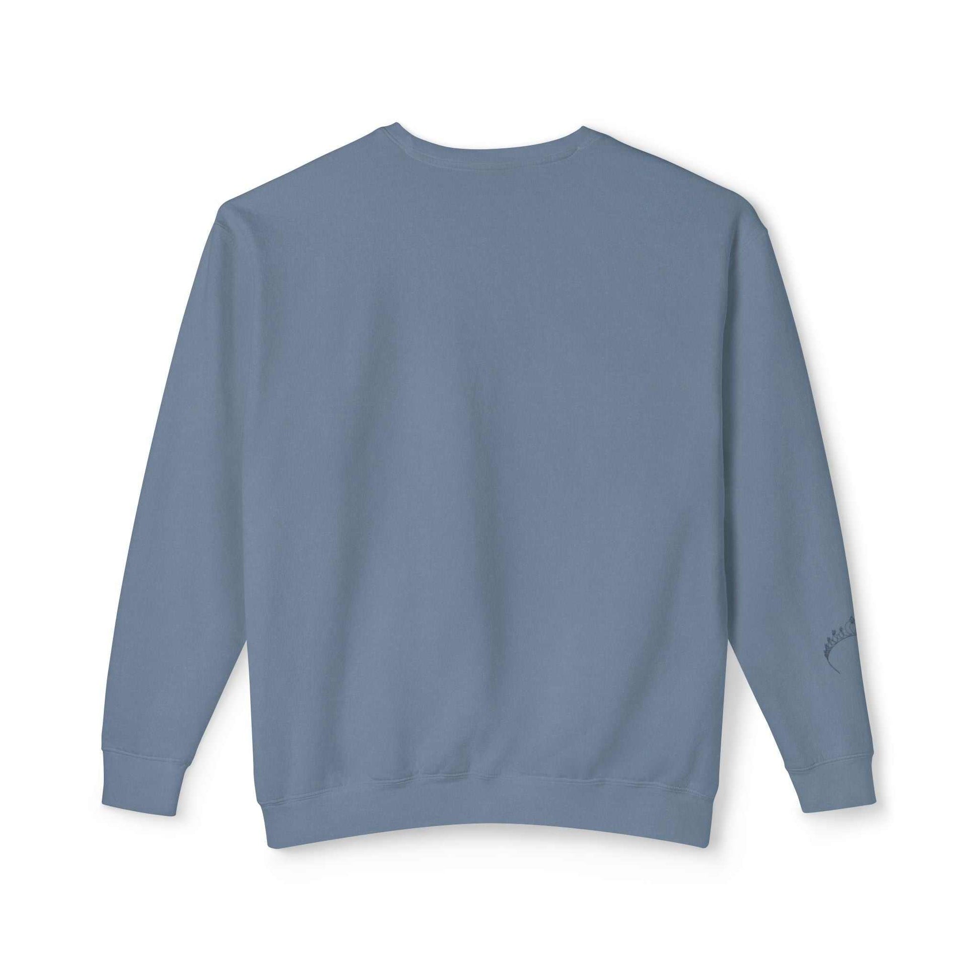 Queens Mystery Sweatshirt, back view, blue color, lightweight fabric, ideal for casual wear.