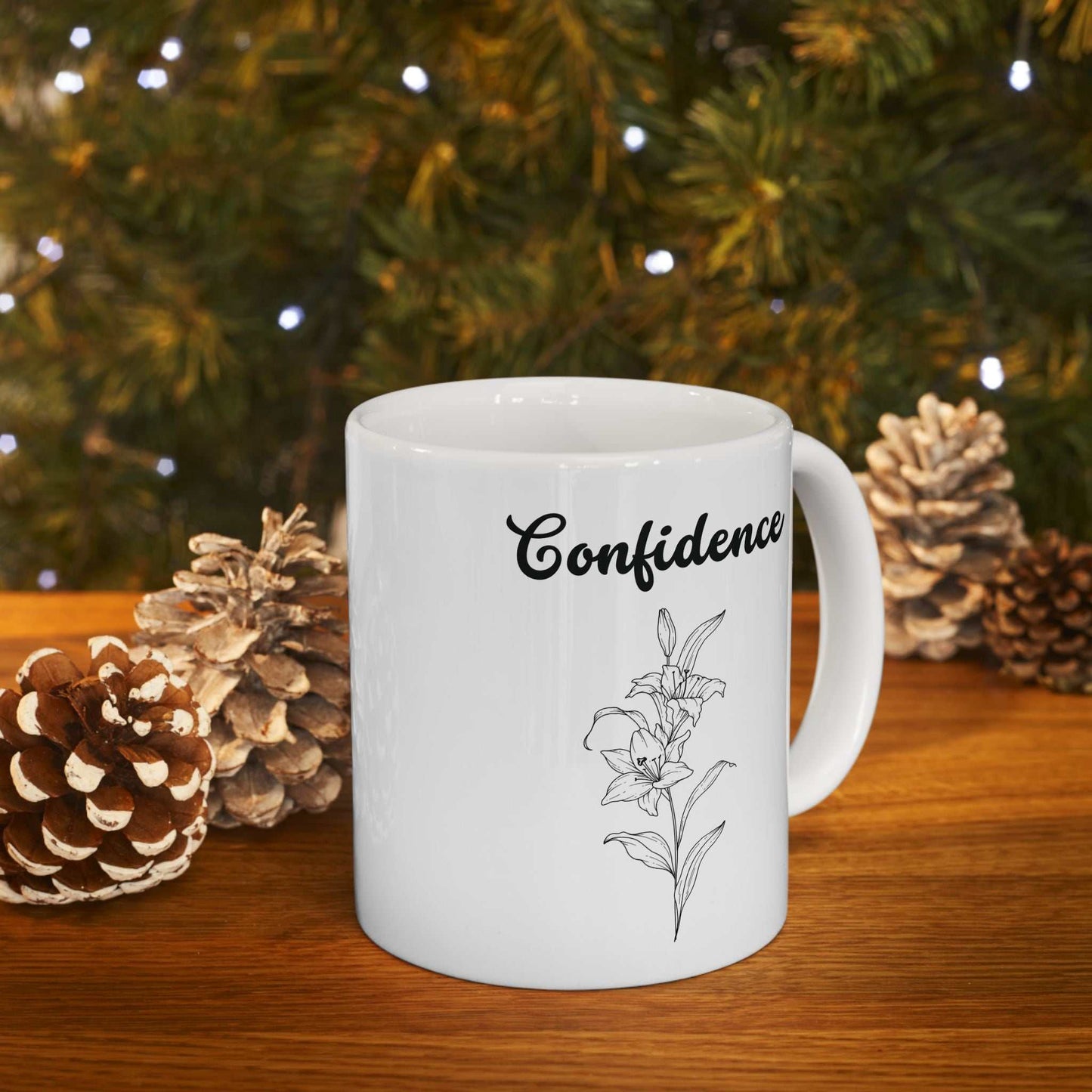 Ceramic mug with confidence lily design, glossy finish, safe for microwave and dishwasher, available in 11oz and 15oz.