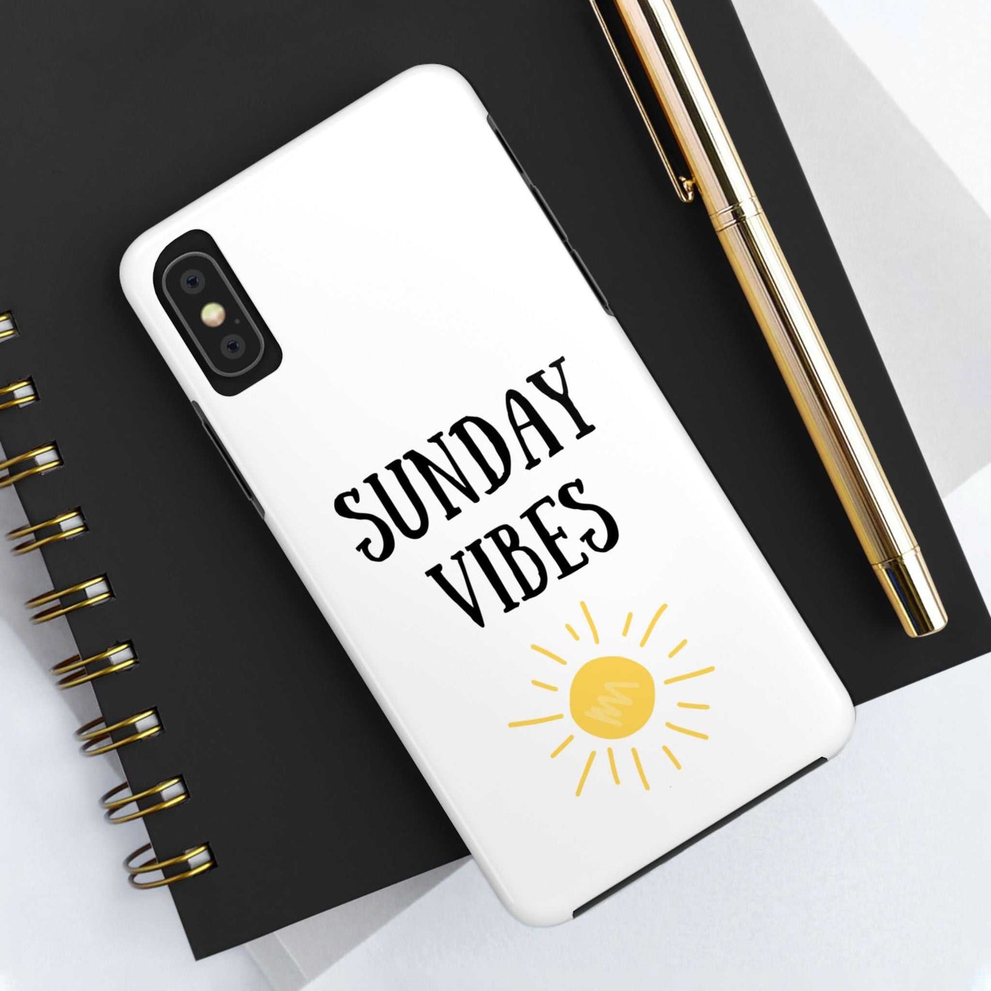 "Phone case with 'Sunday Vibes' sun design, durable Lexan plastic, vibrant glossy finish."