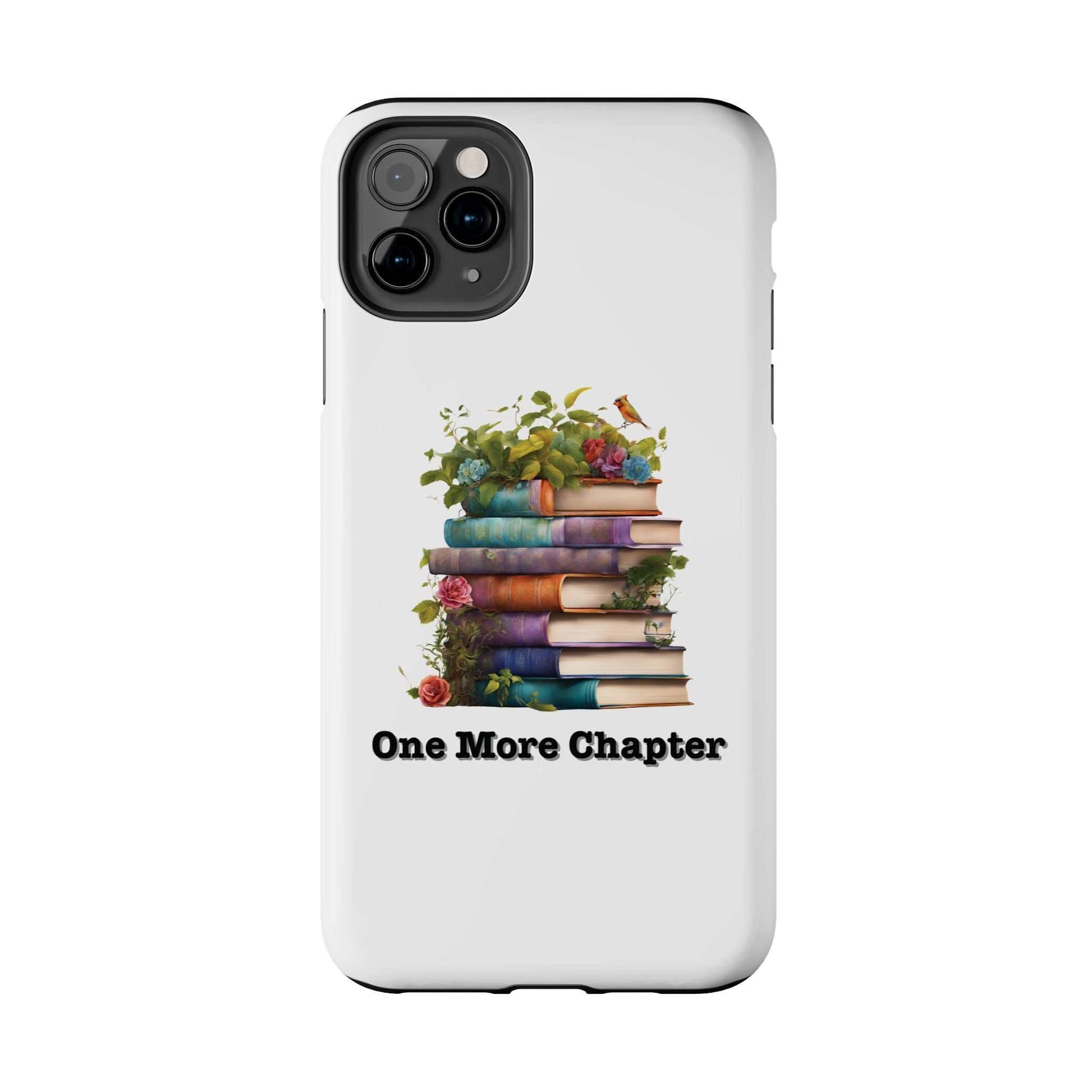 Phone case with book pile design, "One More Chapter," for book lovers; durable, scratch-resistant.