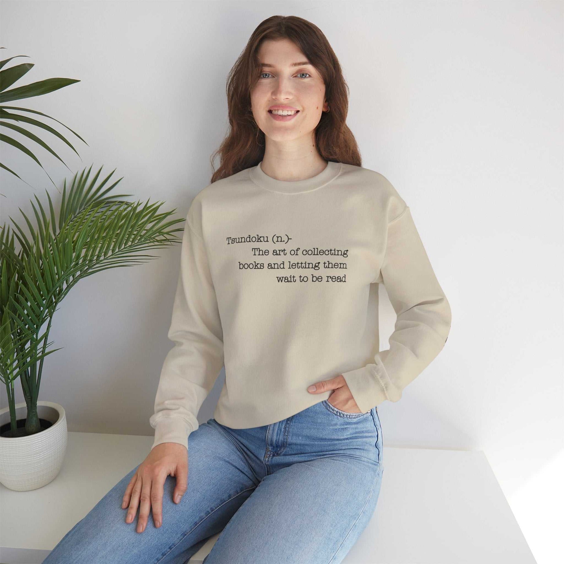 Tsundoku crewneck sweatshirt with definition design for book lovers.