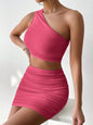 Ruched Single Shoulder Top and Skirt Set Deep Rose