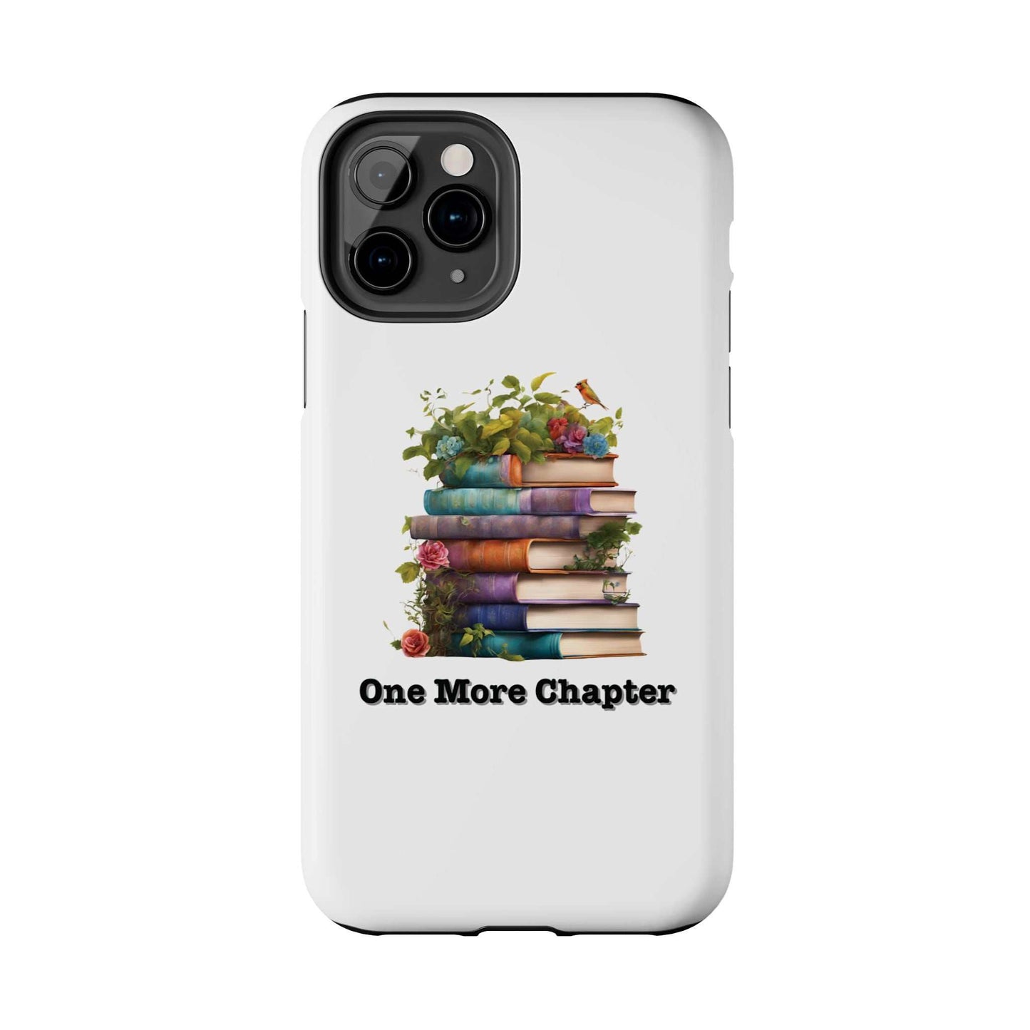 Phone case with 'One More Chapter' book pile design, perfect for book lovers; durable Lexan plastic, scratch-resistant, glossy finish.