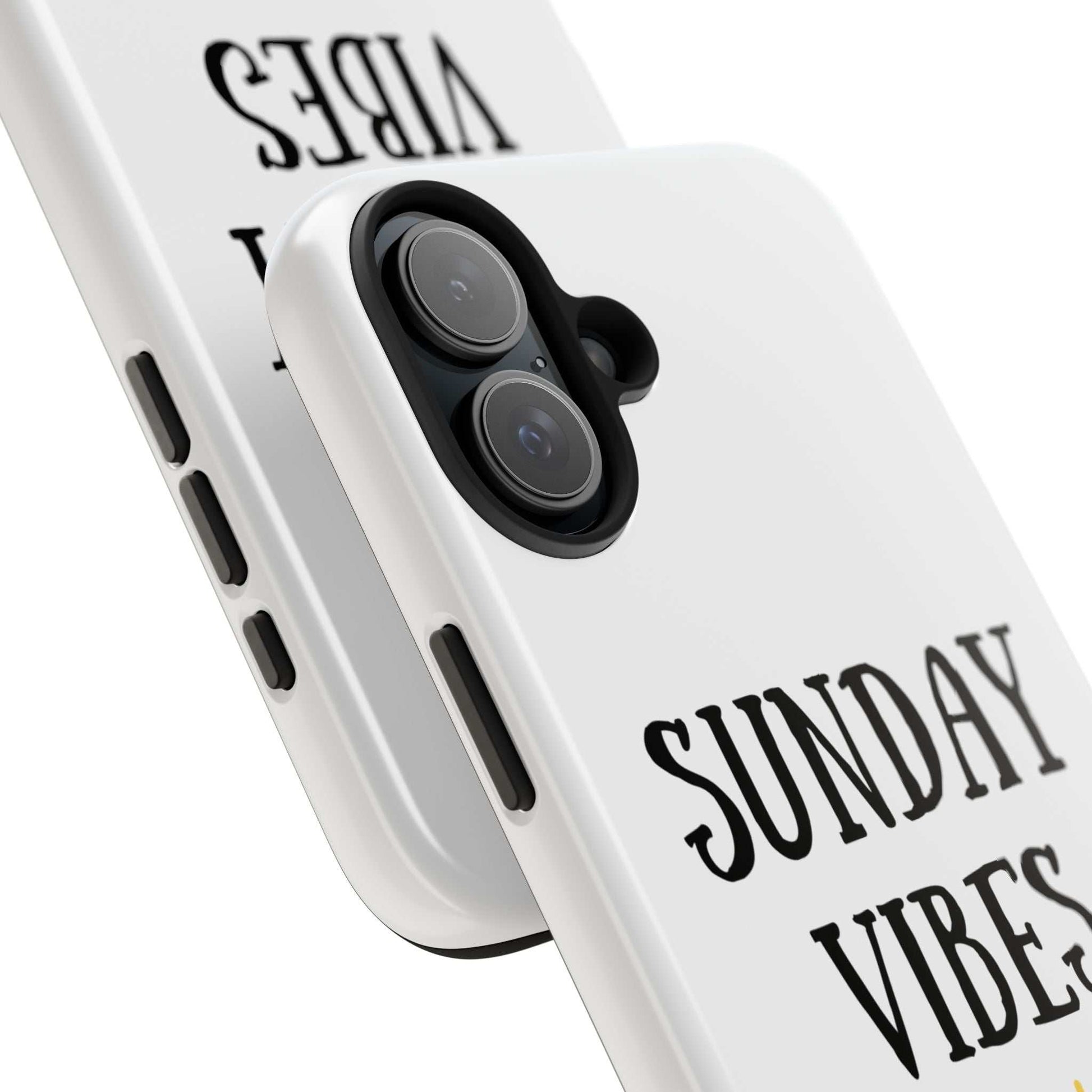 Phone case with 'Sunday Vibes' sun graphic design, durable and glossy finish.