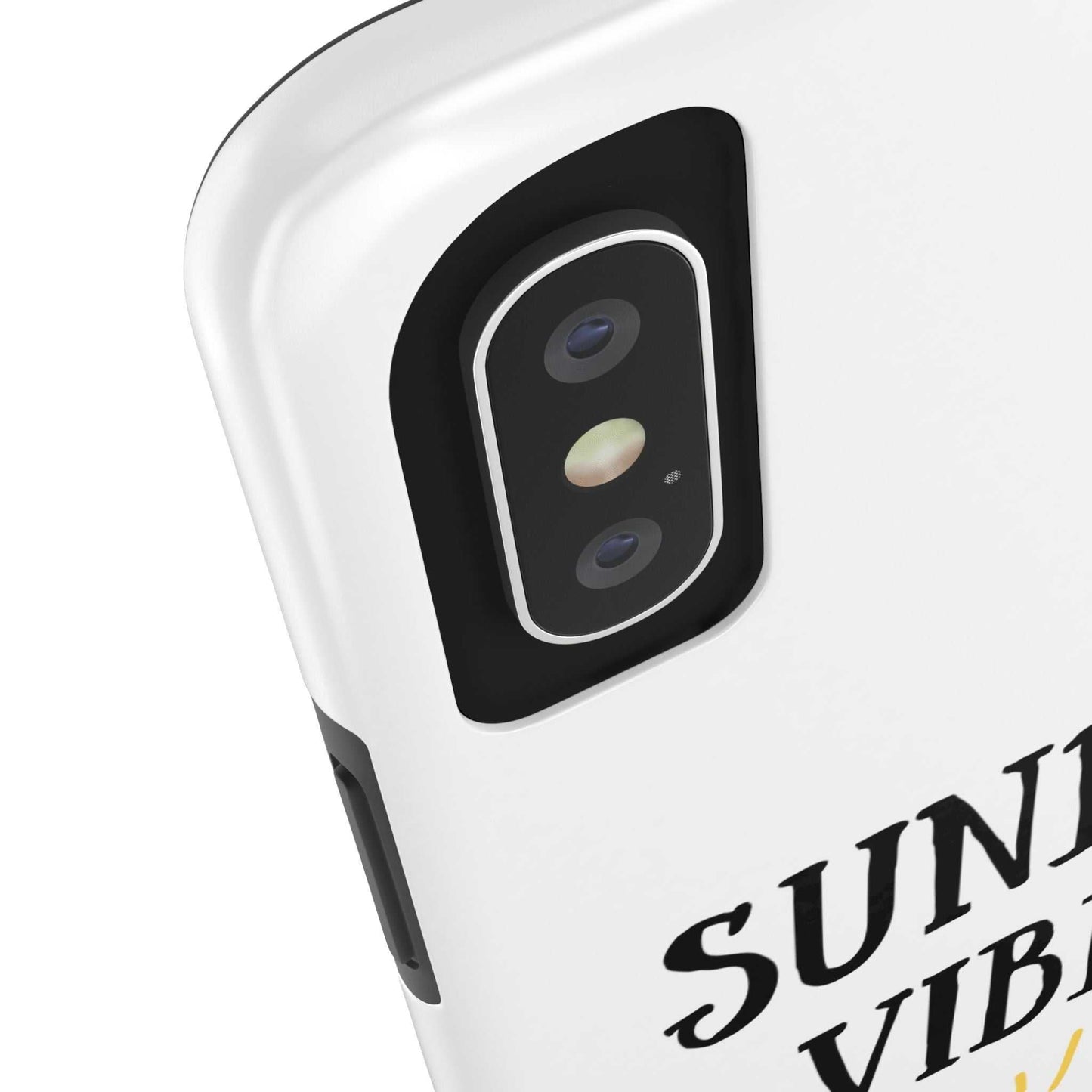 Phone case with 'Sunday Vibes' sun graphic design, durable Lexan plastic, glossy finish.