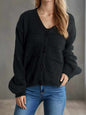 Button down V-neck long sleeve cardigan in black, slightly stretchy polyester-acrylic blend.