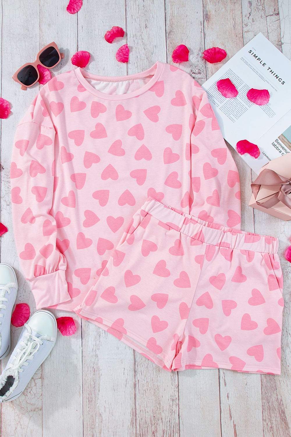 Heart Print Round Neck Top and Shorts Lounge Set in Pink