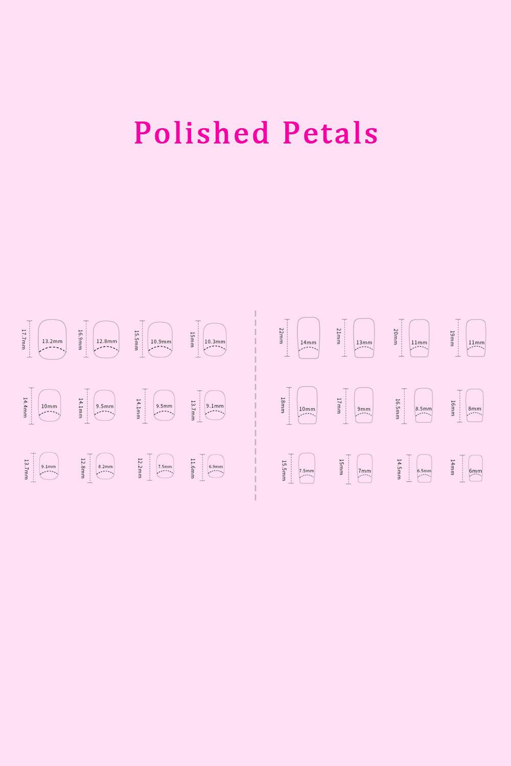 PINK BEAUTY Press On Nails size chart on a pink background.