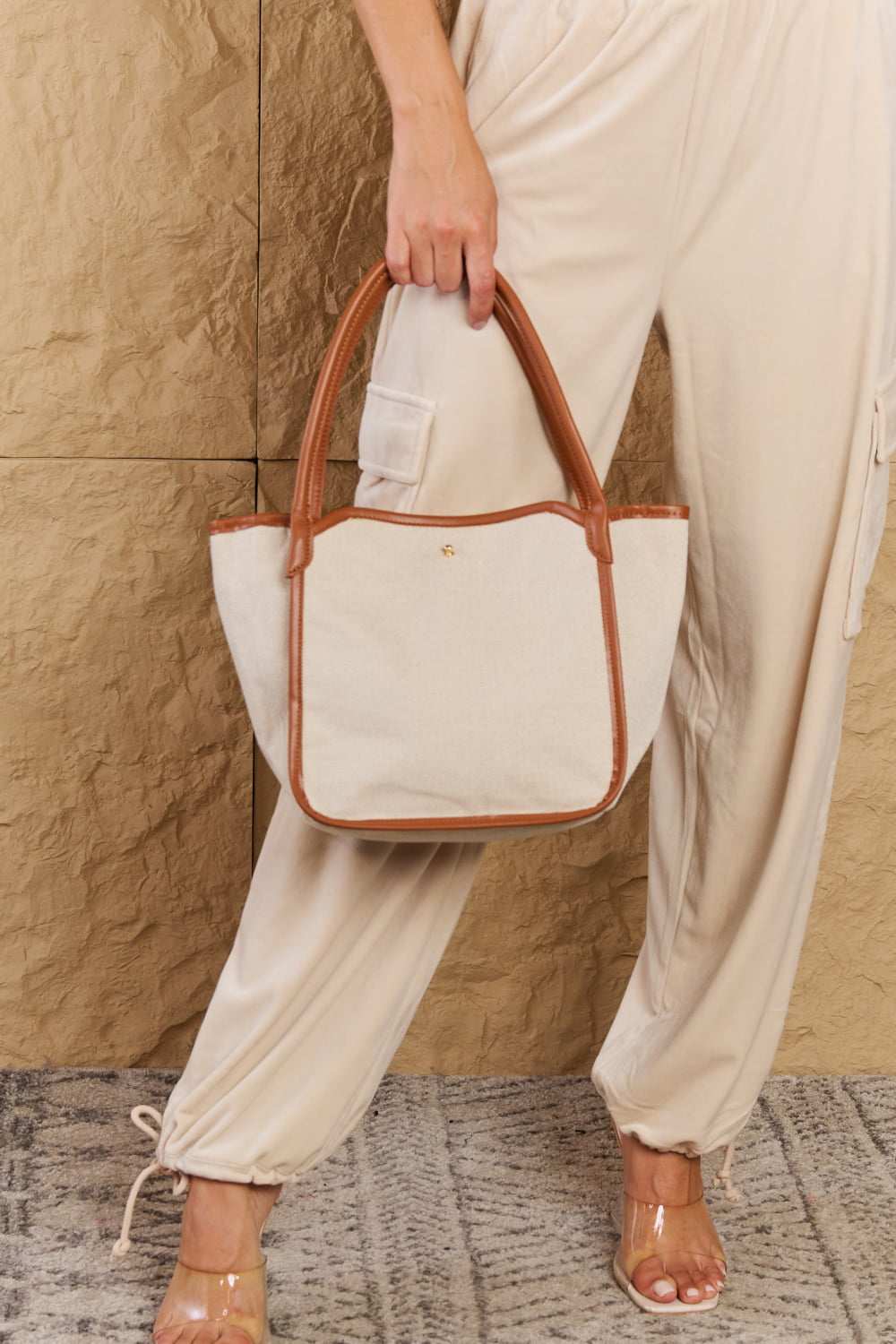 Fame Beach Chic Faux Leather Trim Tote Bag in Ochre with spacious compartment and adjustable strap.