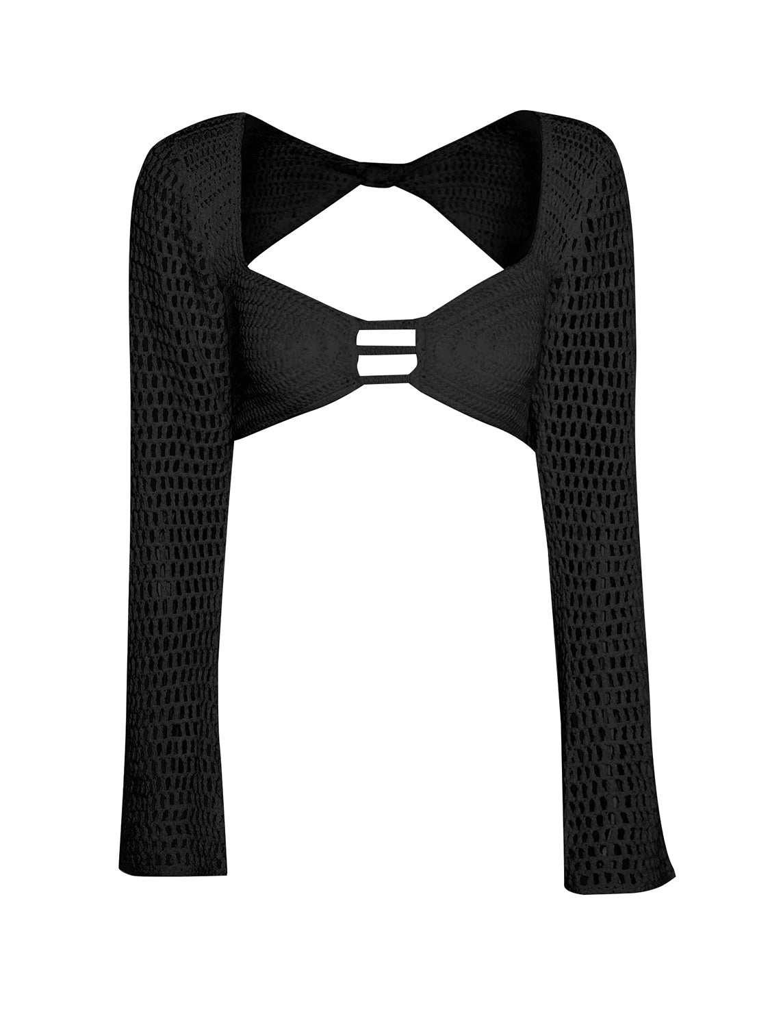 Black tied long sleeve top with openwork design.