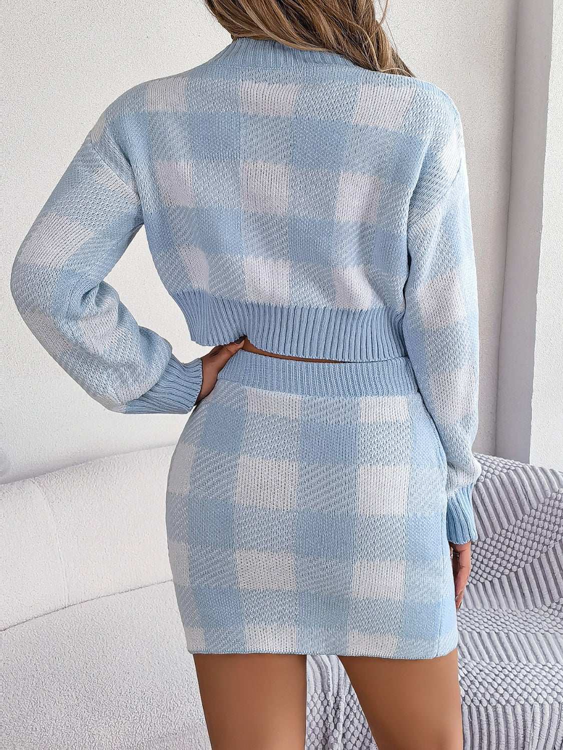 Plaid Round Neck Top and Skirt Sweater Set Light Blue 