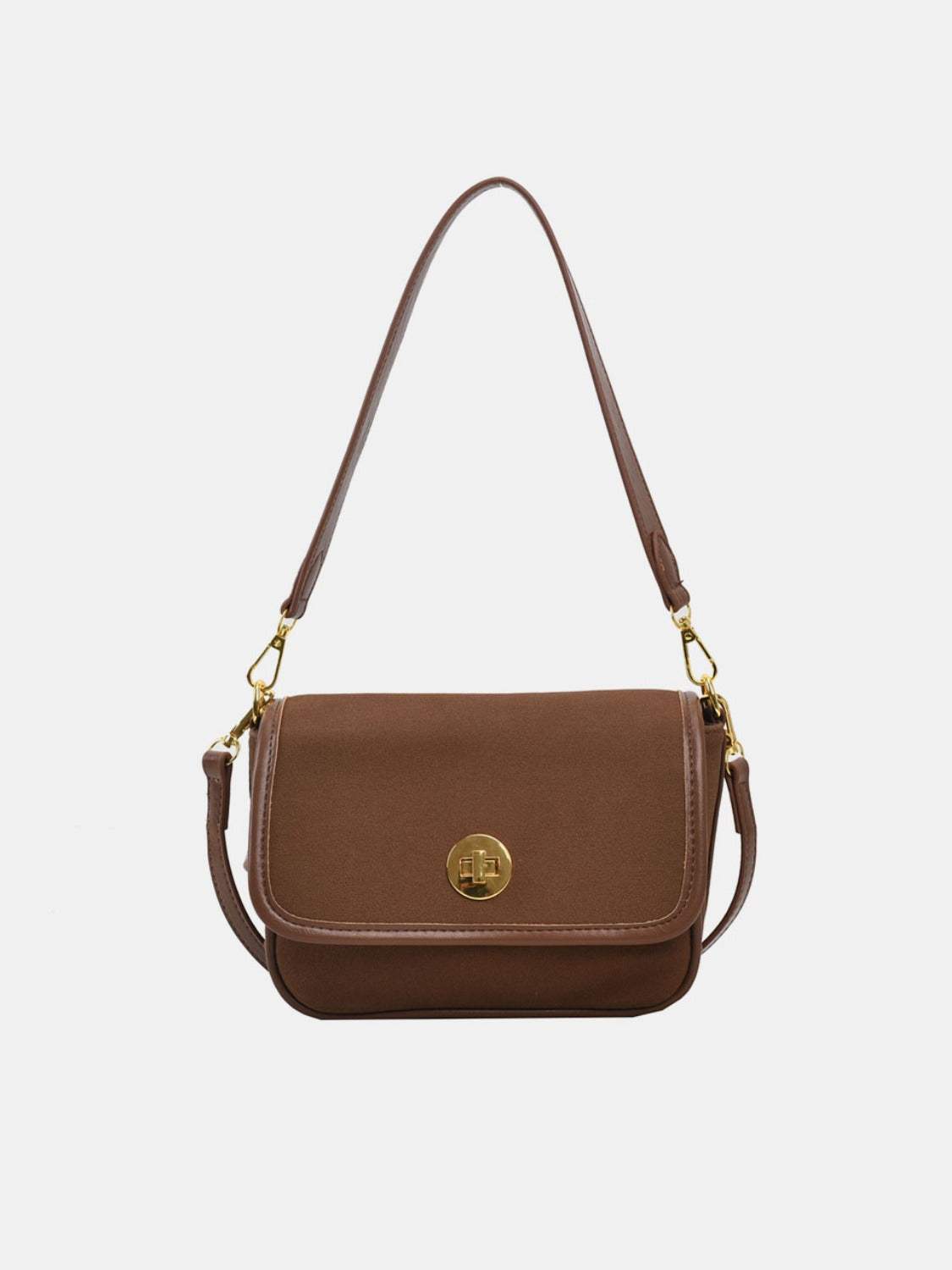 Small PU Leather Suede Twist-Lock Shoulder Bag in brown.