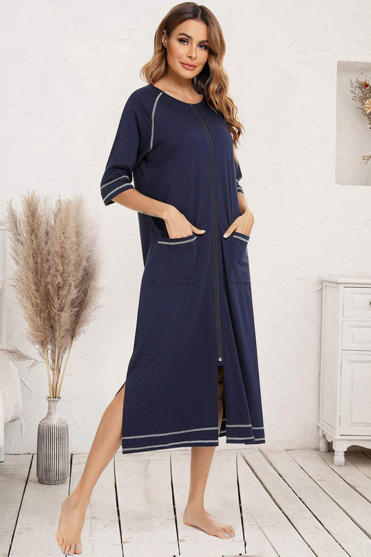 Zip Up Slit Round Neck Night Dress with Pockets in navy, featuring slit, pockets, and slightly stretchy material.