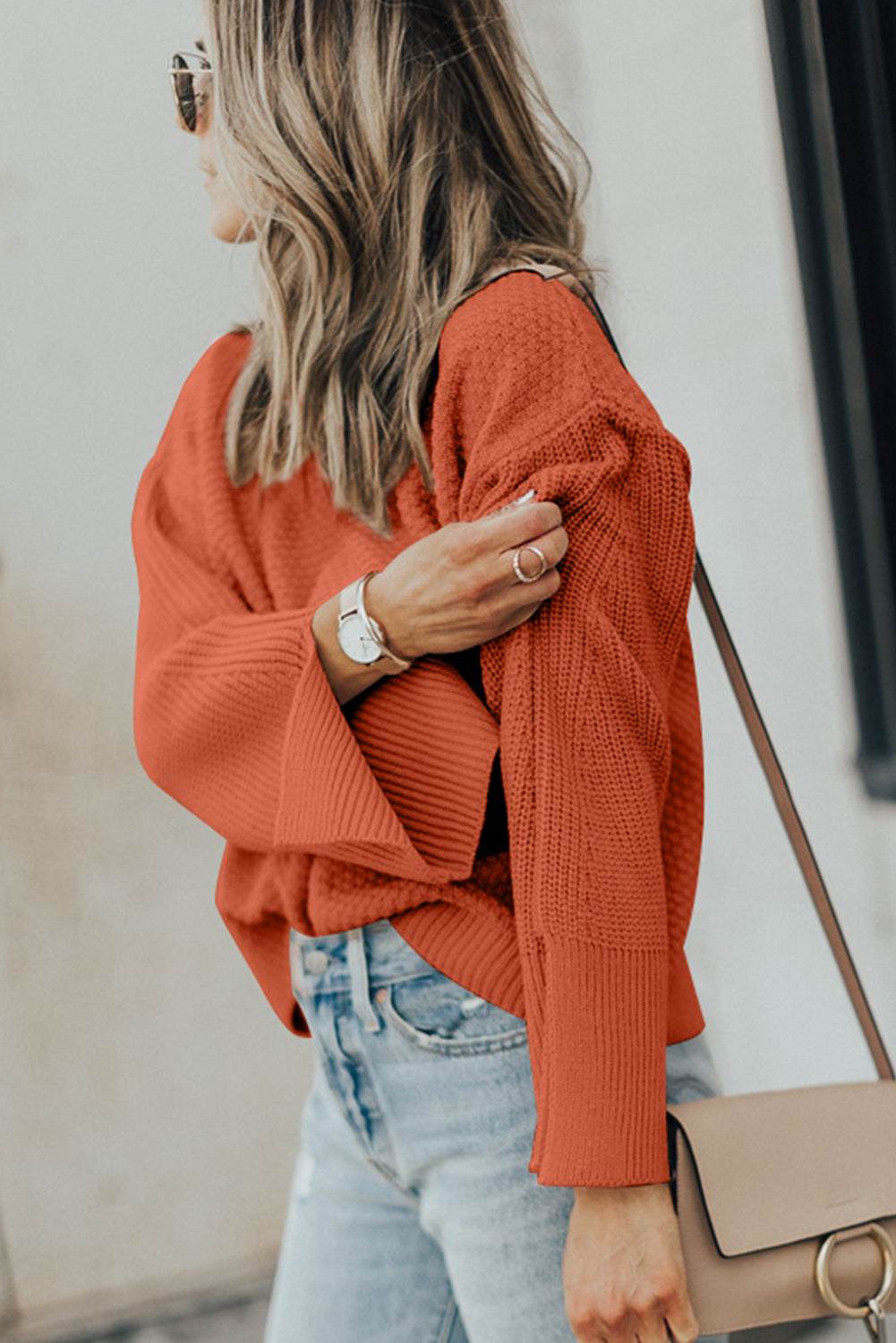 Textured Round Neck Long Sleeve Sweater Ochre