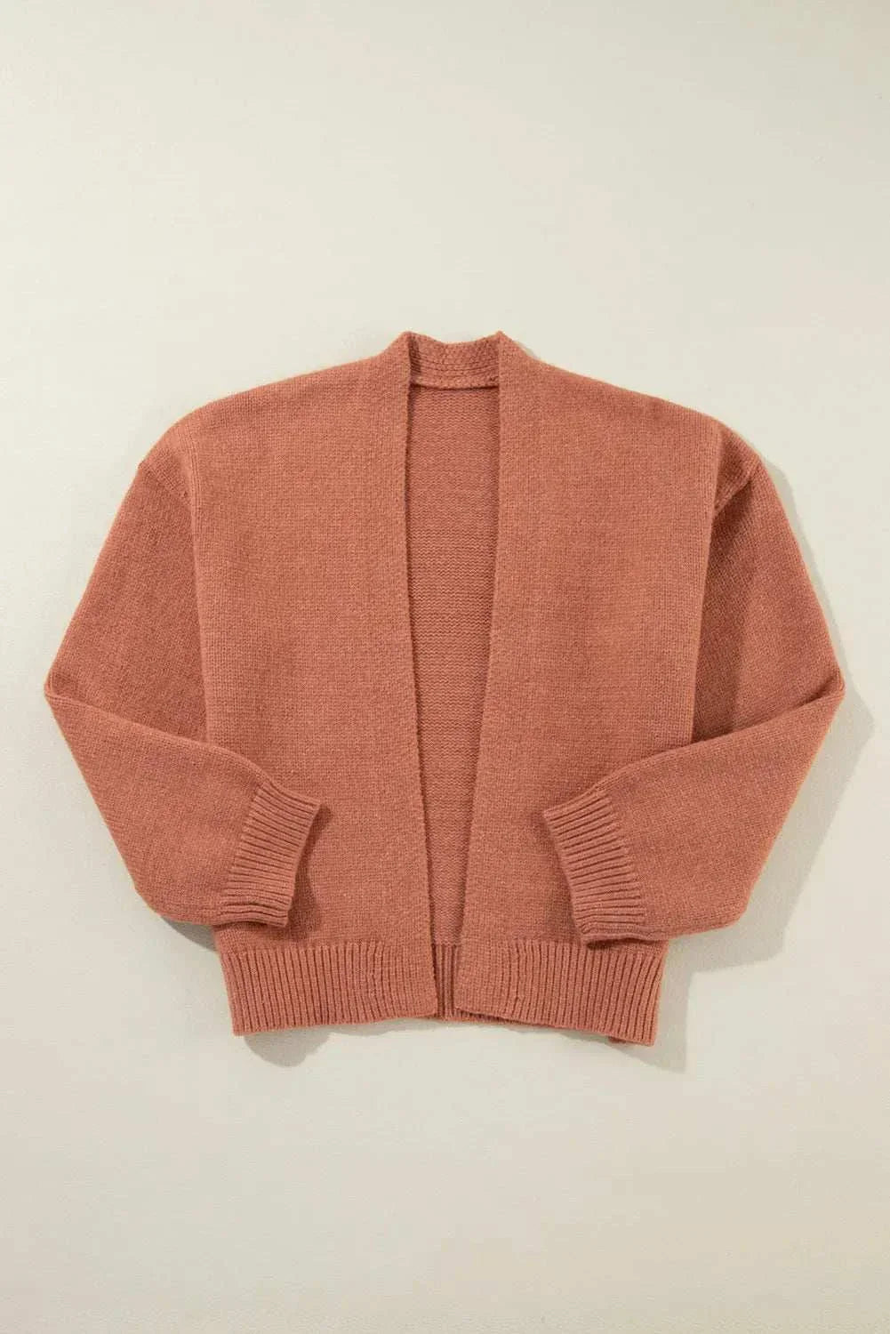 Open front dropped shoulder cardigan in dusty rose color.