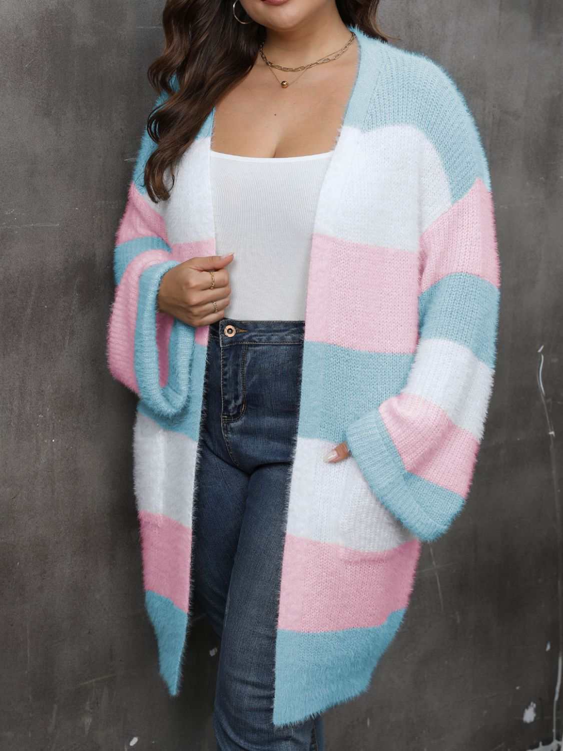 Plus size open front long sleeve cardigan with pastel stripes.