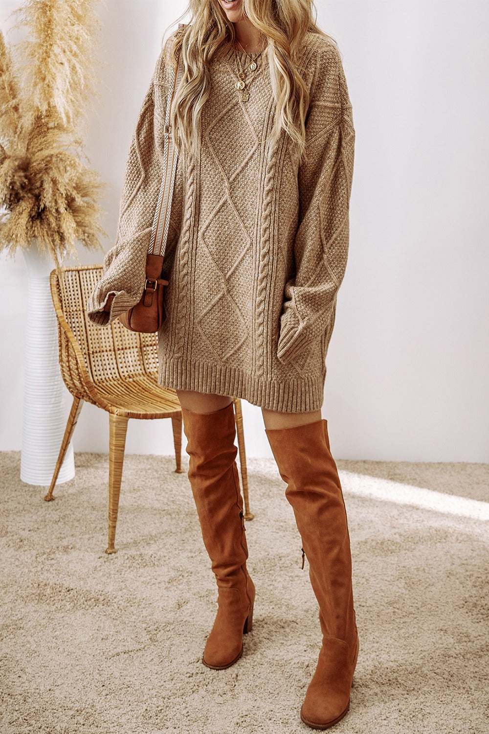 Cable-Knit Round Neck Sweater Dress Tan