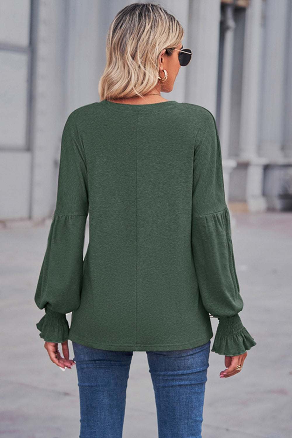 Round Neck Flounce Sleeve Blouse