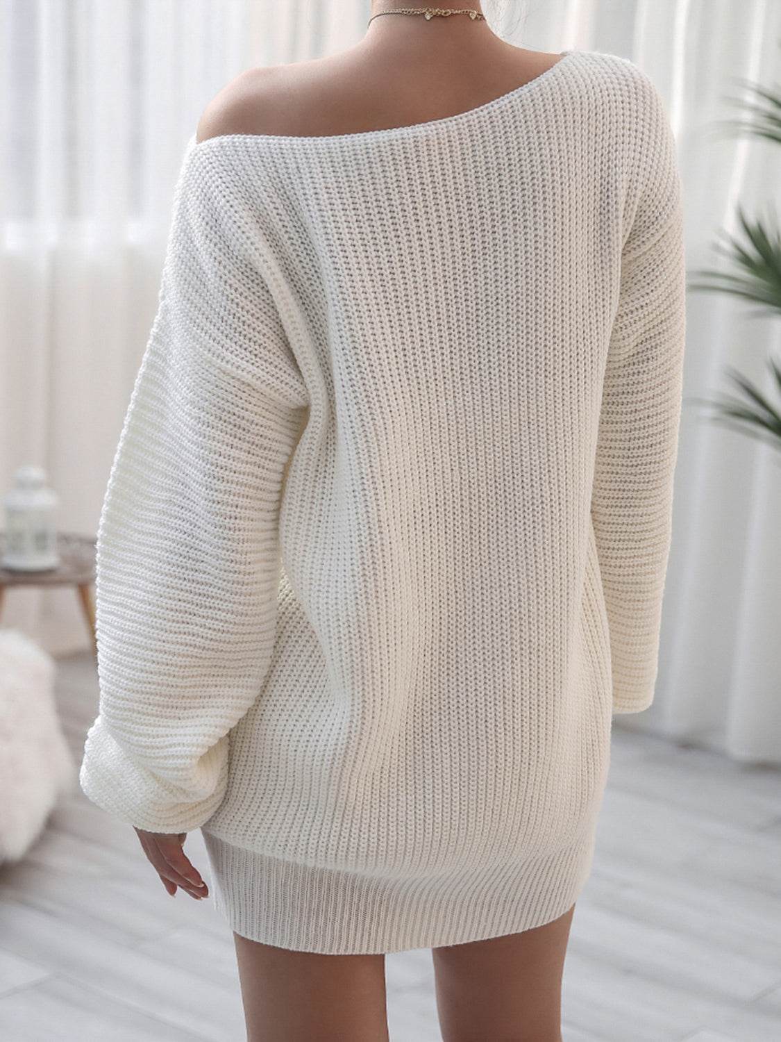 Rib-Knit Mini Sweater Dress White