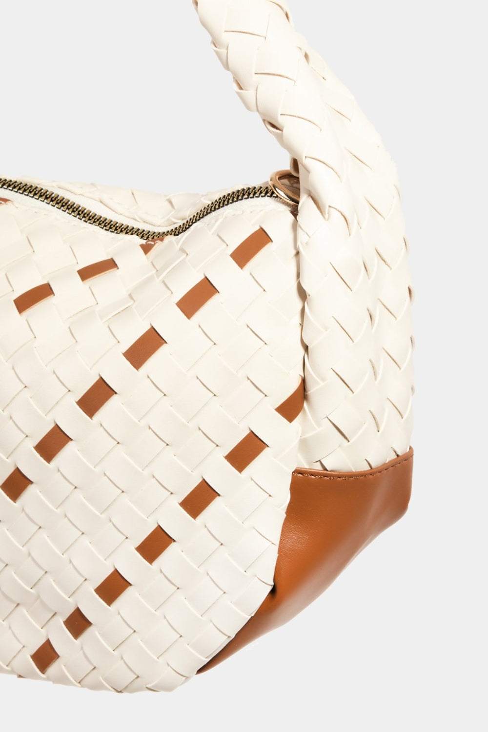 Fame Tassel Detail Weave Semi Circle Bag, faux leather, small size, basket weave design.