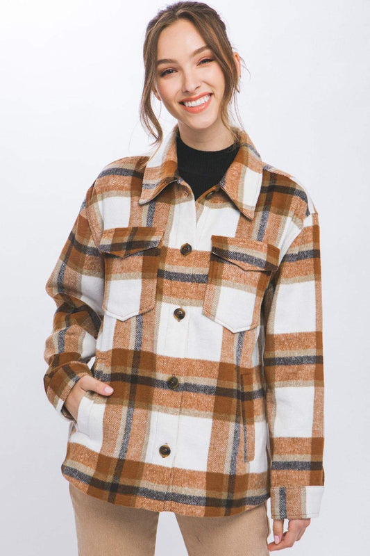 Love Tree Plaid Button Up Shacket with classic plaid design.