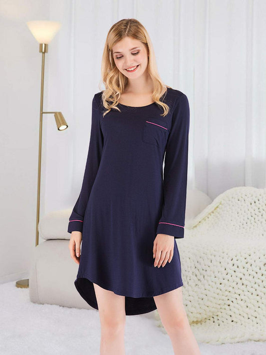 Round neck night dress with pocket, long sleeves, slightly stretchy fabric.