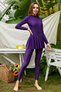 Mock Neck Long Sleeve One-Piece Swimwear in purple with stretchy polyester and spandex blend.