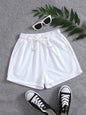 White drawstring pocketed elastic waist shorts made of 100% polyester.