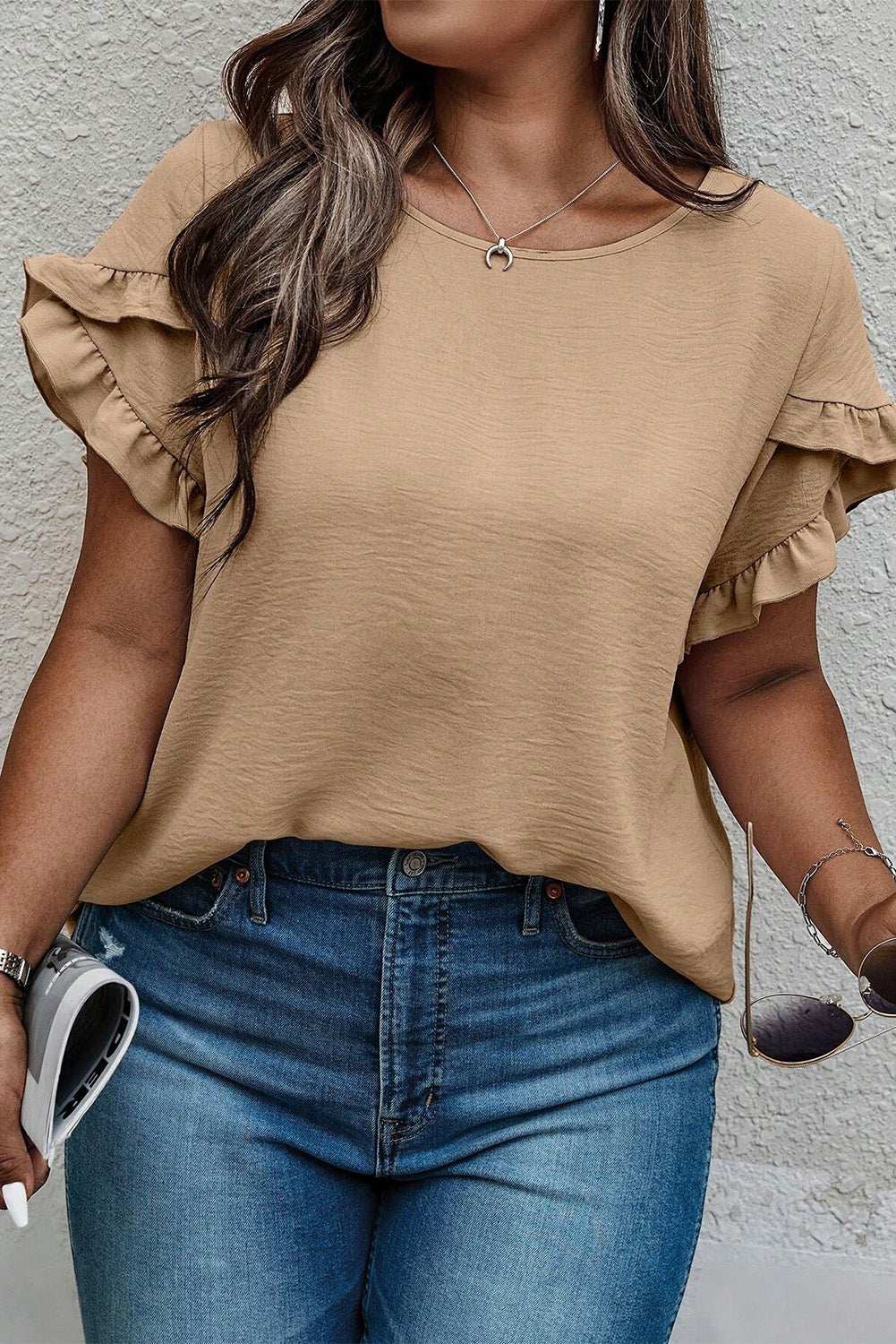 Plus size ruffled petal sleeve round neck t-shirt in beige, slightly stretchy polyester.