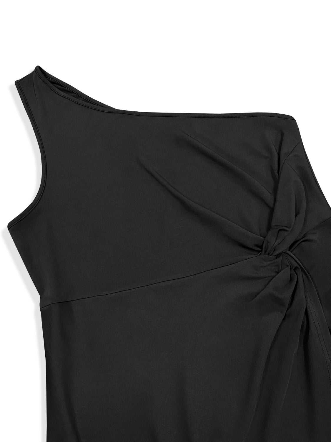 Plus Size Twisted One Shoulder Sleeveless Midi Dress in black with moderate stretch.