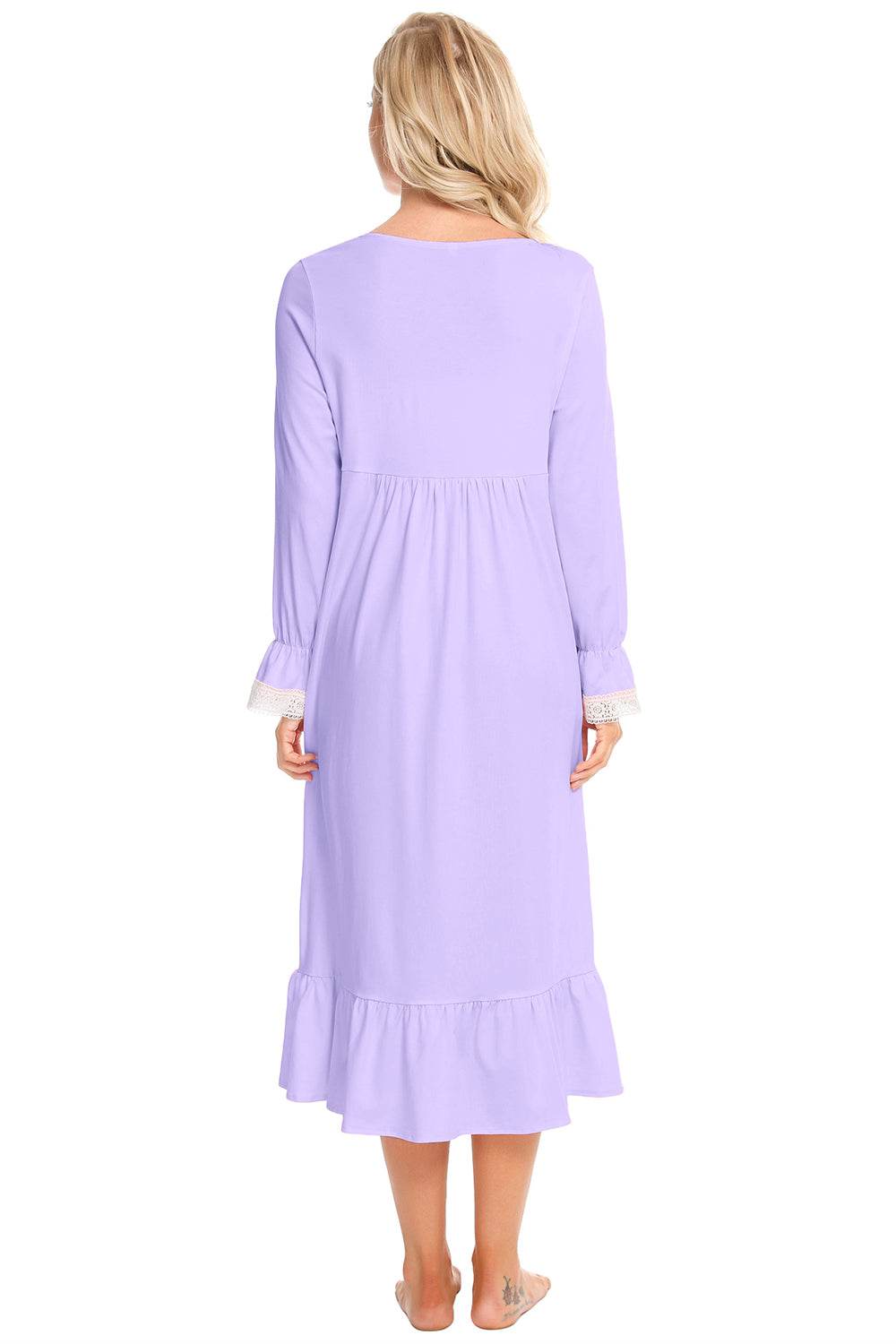 Lavender night dress with lace detail and flounce sleeves, square neck.