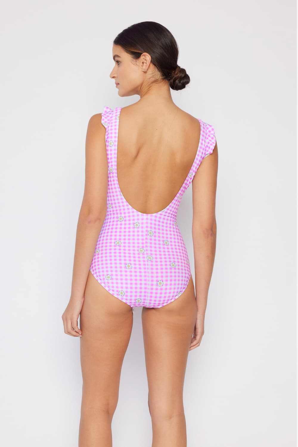 Marina West Swim Full Size Float On Ruffle Faux Wrap One-Piece in Carnation Pink, plaid floral pattern, surplice neckline, ruffle design.