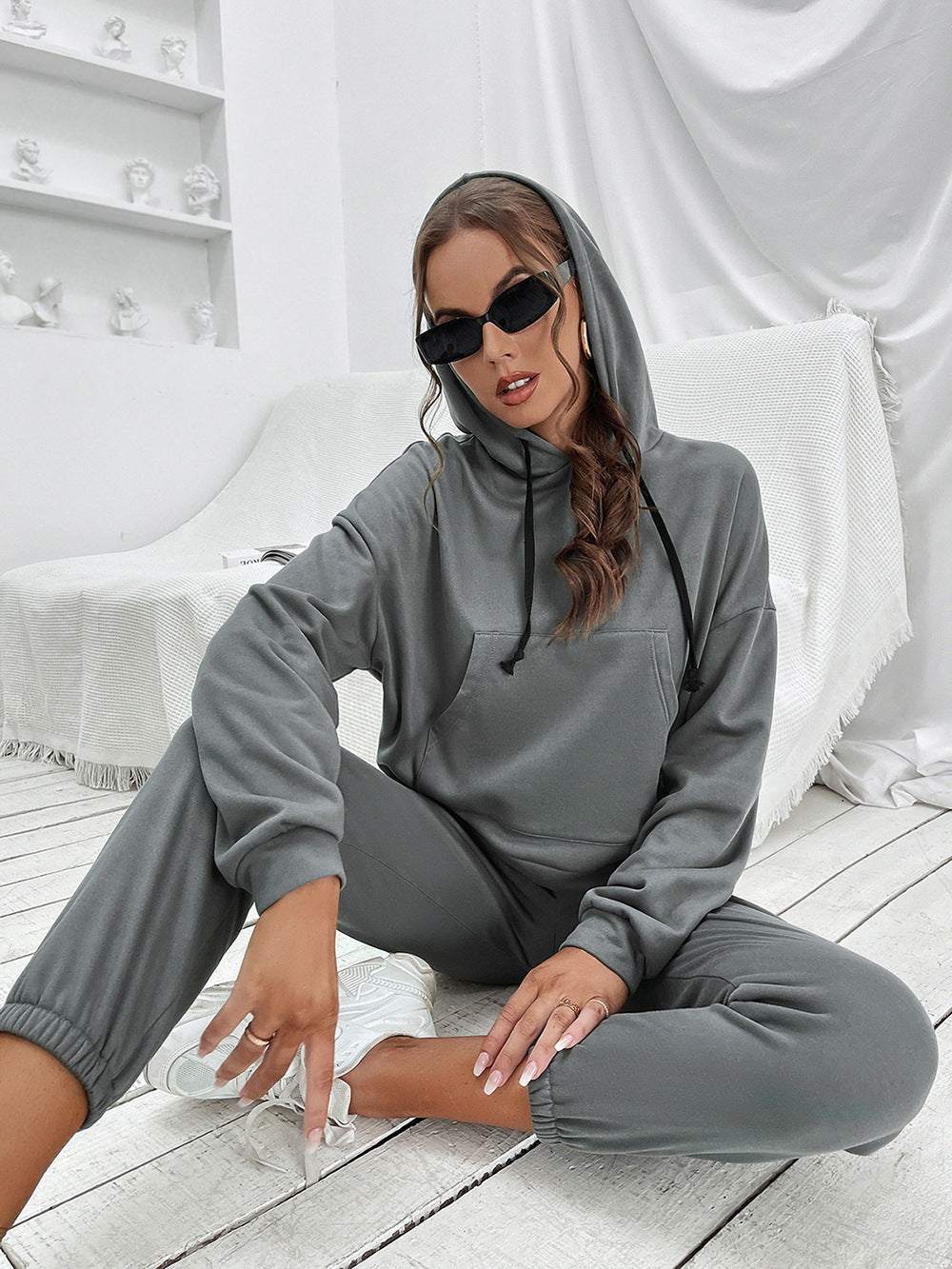 Ivy Lane Sports Hoodie and Joggers Set in solid gray, casual outdoor wear, polyester material.