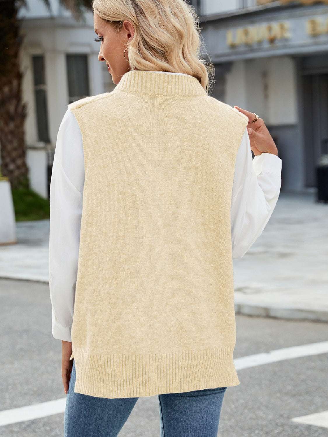 Cable Knit V-Neck Sweater Vest, back view, slightly stretchy acrylic, beige color.