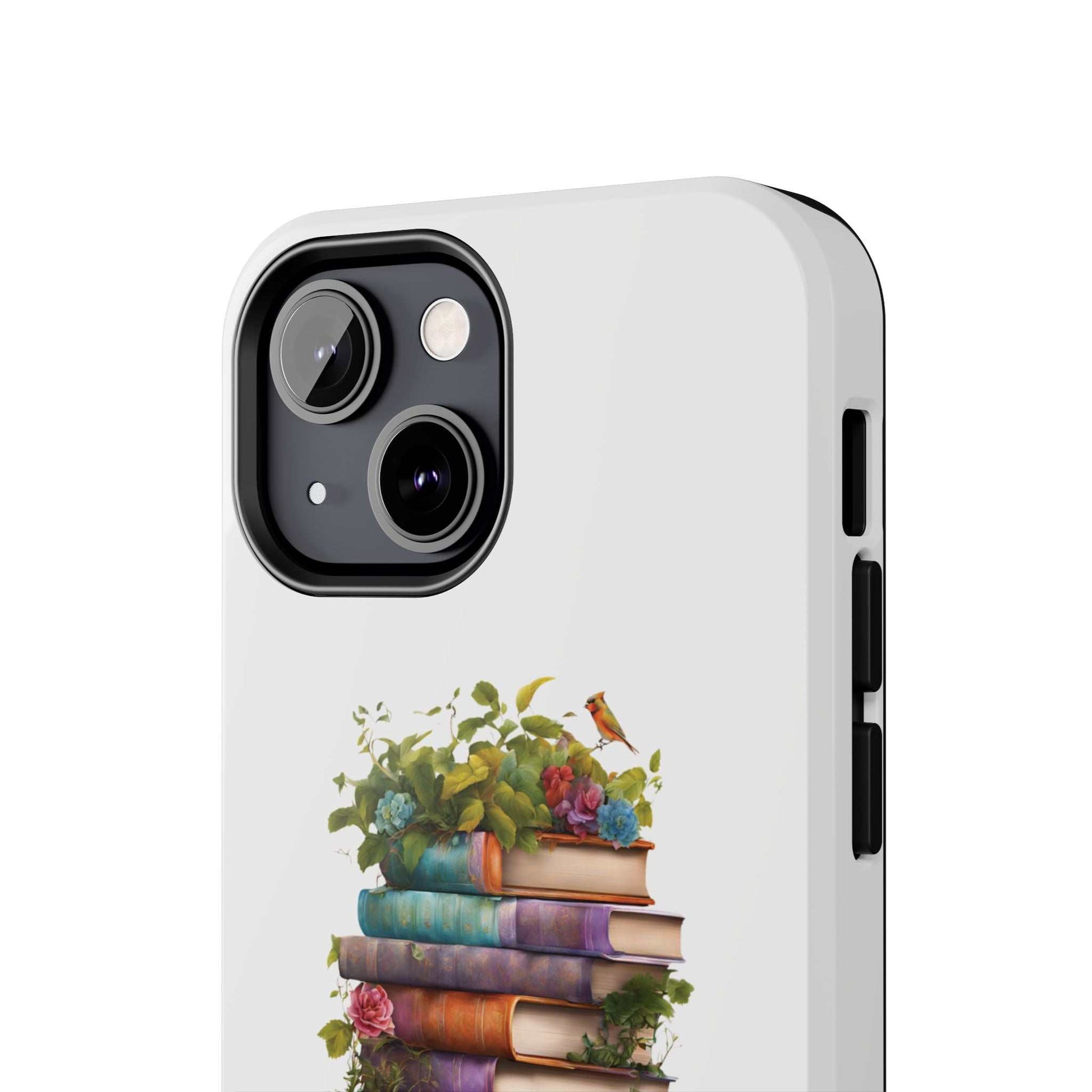 Phone case with book pile design for book lovers, durable Lexan material, glossy finish.